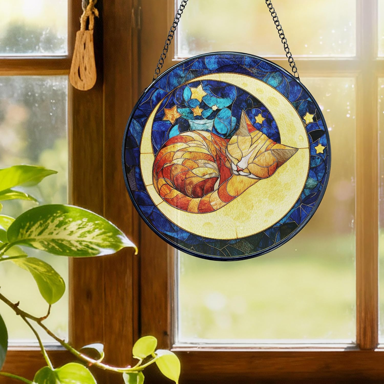 Orange Cat Moon Stained Glass Window Hanging, Blue Starry Suncatchers, Cottage Core Dream Sun Catchers Indoor Window Round Glass Wall Art Hanging Decorations, 7.9x7.9in