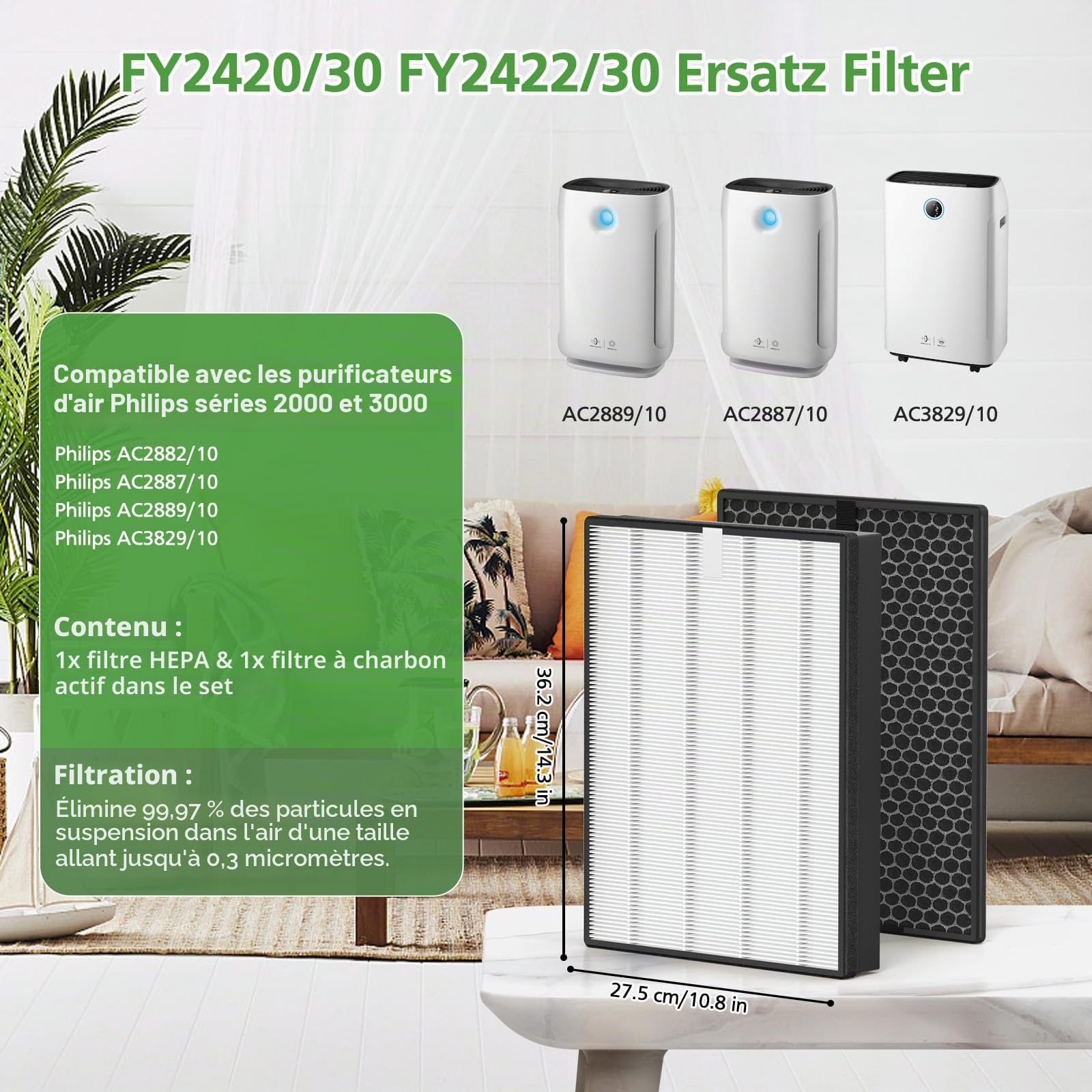 FY2420/30 FY2422/30 Filtre de rechange compatible avec purificateur d'air Philips AC2882, AC2887, A2889, AC3829, série 2000 et 3000, avec 1 filtre HEPA et 1 filtre à charbon actif