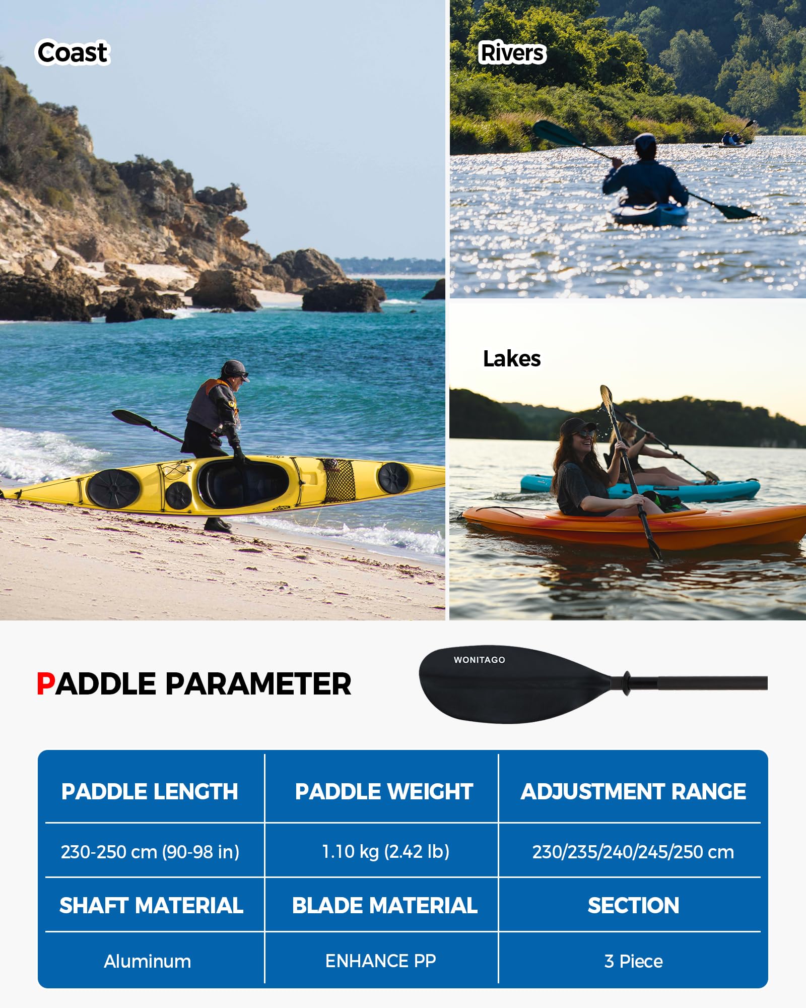 Remo para kayak con mango de aluminio y hoja de plástico, ajustable de 3 piezas, doble remo flotante para kayak, 210-230 cm