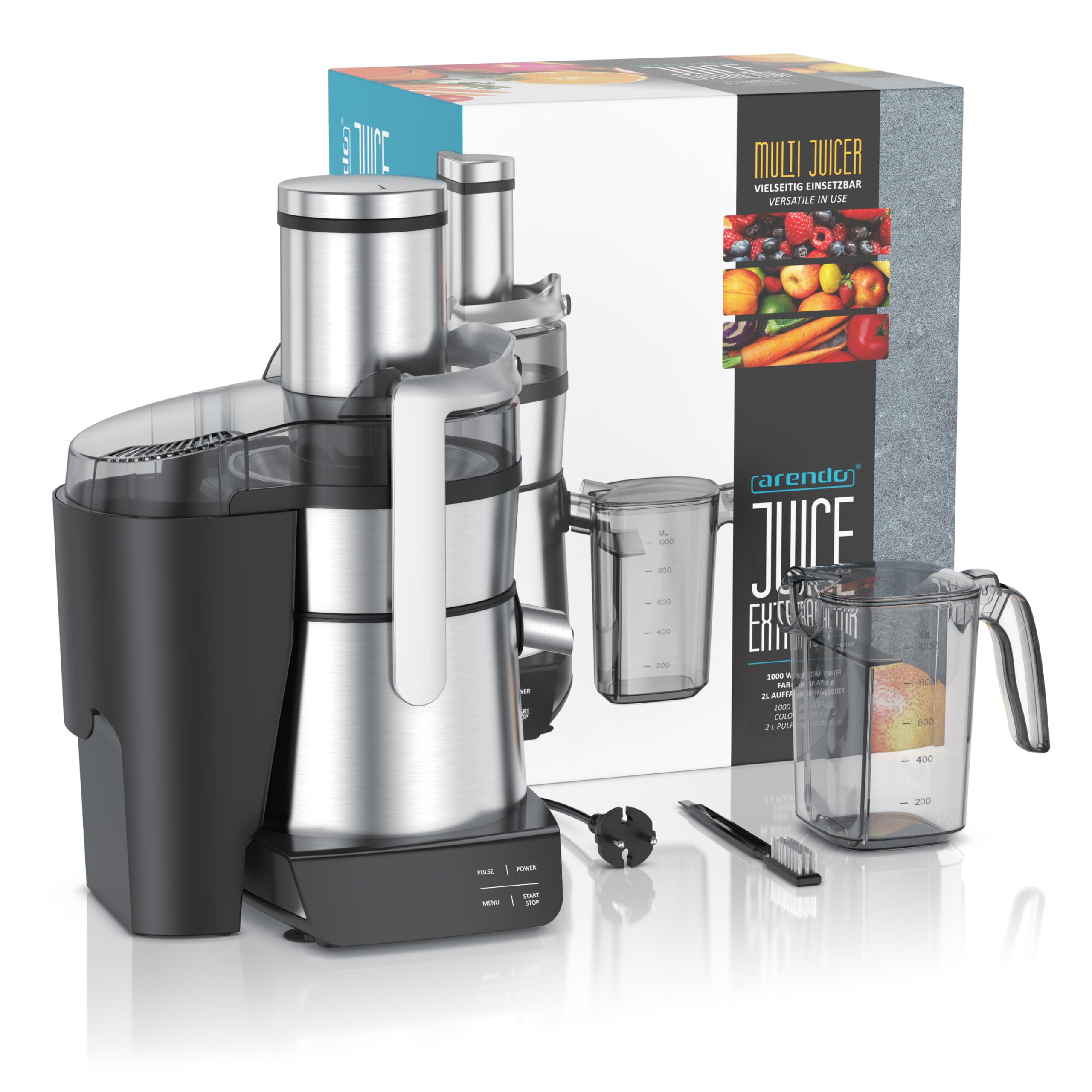 Arendo - Entsafter digital mit Display - 1 Liter – 1000 Watt – XXL Einfüllschacht – LED Display - Farbsymbole – Tropfschutz – Pulsfunktion - für Gemüse und Obst - Sicherheitsverriegelung - inkl. Saftb