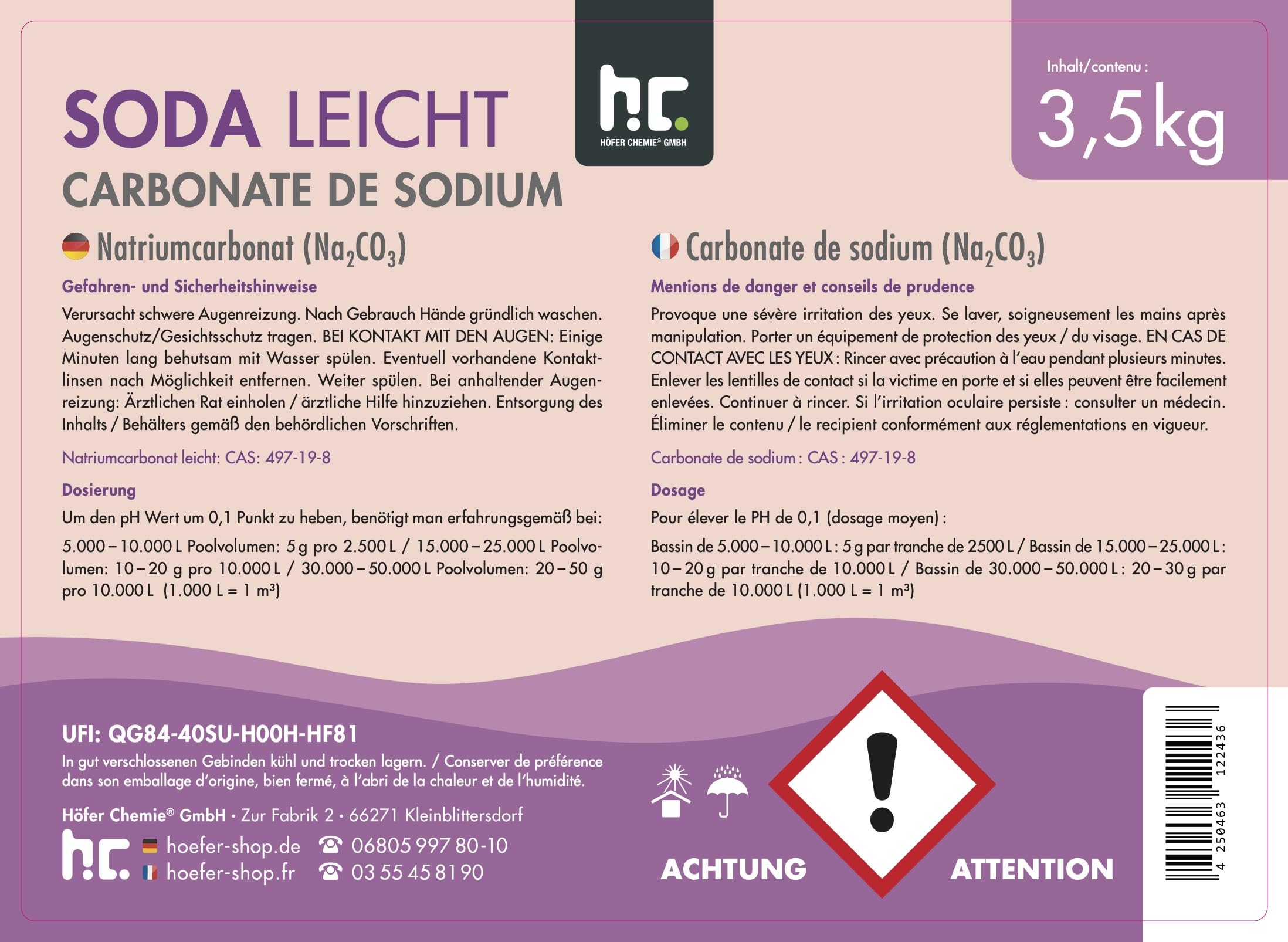Carbonate de Sodium (soude) 1 x 3,5 kg - qualité Technique légère - Poudre cristalline Blanche - pH Plus pour Piscine - Facilement Soluble pour corriger Le pH de l’Eau