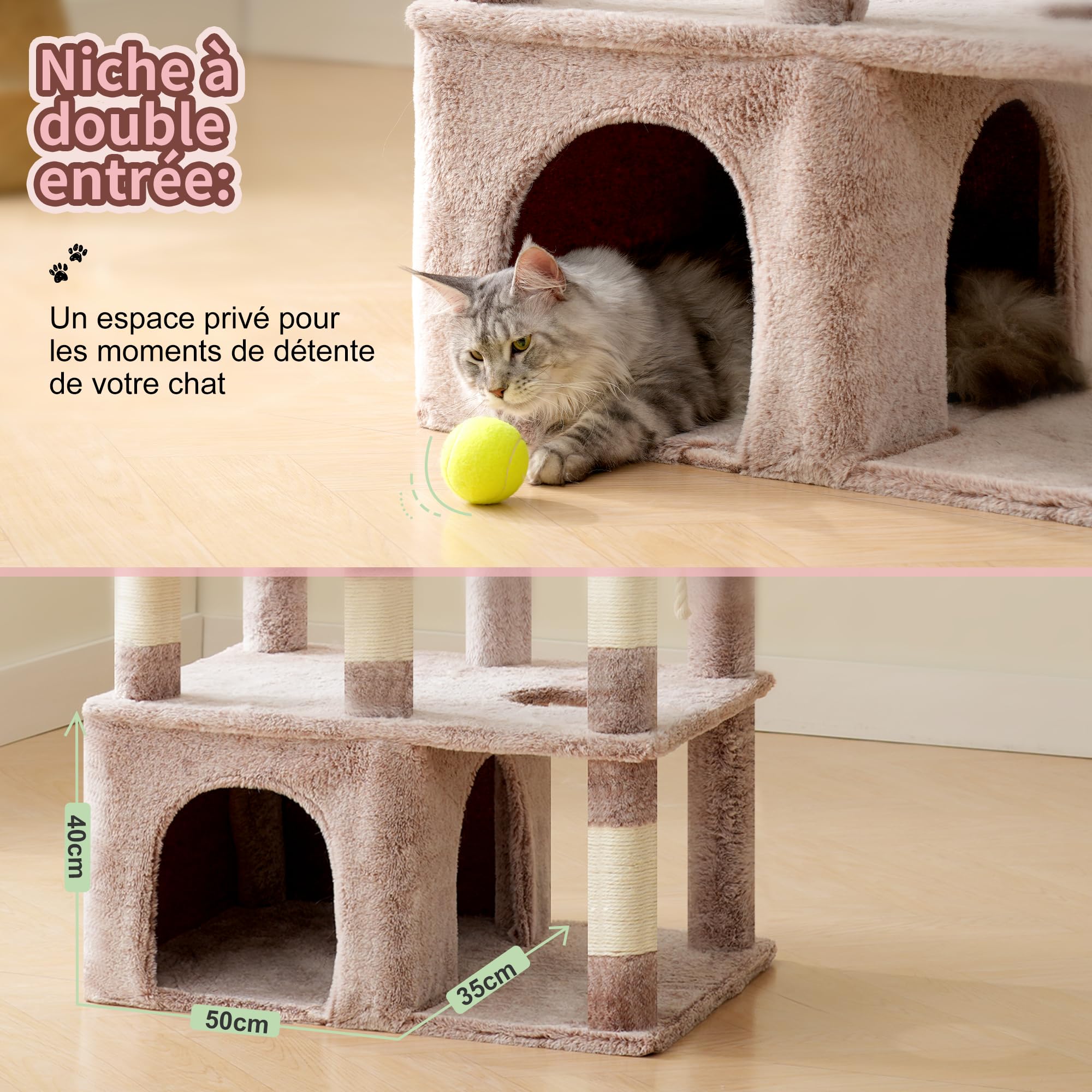 Heybly Arbre À Chat, 180cm De Haut avec Base Stable, Plateforme XL, Grande Maison pour Chat, 2 Hamacs, Meubles pour Chats À Plusieurs Niveaux pour Les Chats du Maine, Marron Beige HCT037MU