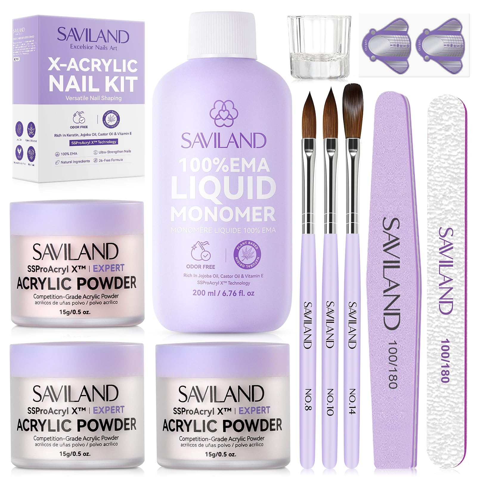SAVILAND Advanced Low Odor Acryl Nagelset: Komplettes Acrylnagel Set mit EMA Monomer Klarem Weißen und Rosafarbenem Acrylpulver Acrylpinsel für Verlängerungen Ombre Designs