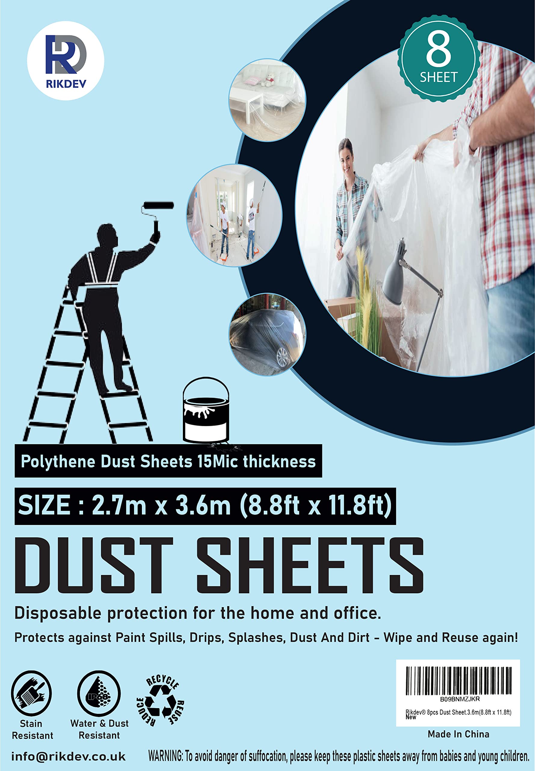 Rikdev® 8pcs Heavy Duty Plastic Dust Sheets 2.7m x 3.6m