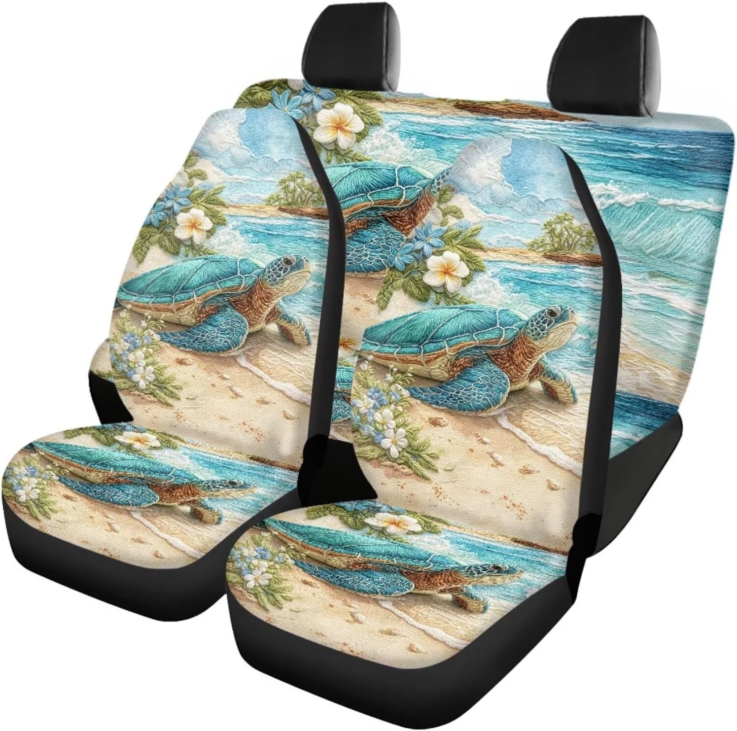 Car Seat Cover Full Sets 4 Pcs, Dragon Cherry Blossom Print Non-Slip Car Front Seat Covers and Rear Split Bench Seat Cover, All Weather Protector, Universal Fits