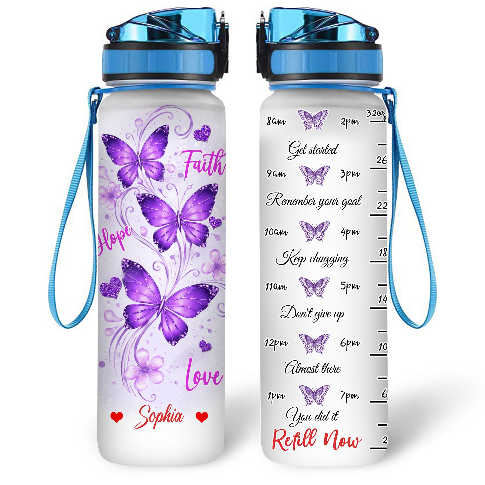 Hyturtle Personalized Purple Butterfly Water Bottle - 32oz Motivational Water Bottle with Leak-Proof Lid & Time Marker - Custom Name Gift for