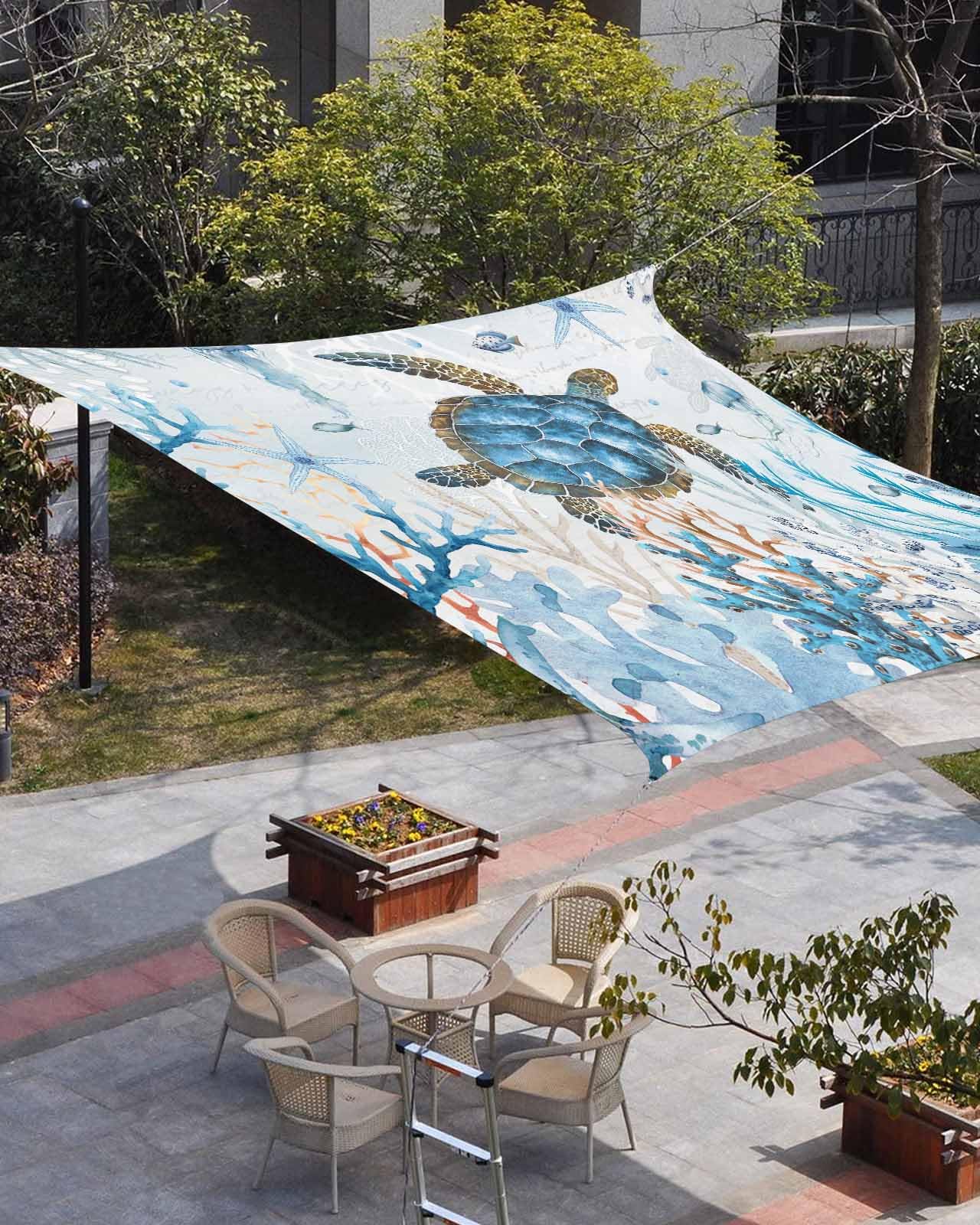 Waterproof Sun Shade Sail Beautiful Turtle Coral Blue Ocean Pattern Outdoor Patio Sun Shades Canopy UV Block Water Resistant Sunshade for Garden Backyard Deck Pergola 6.5x10 Ft
