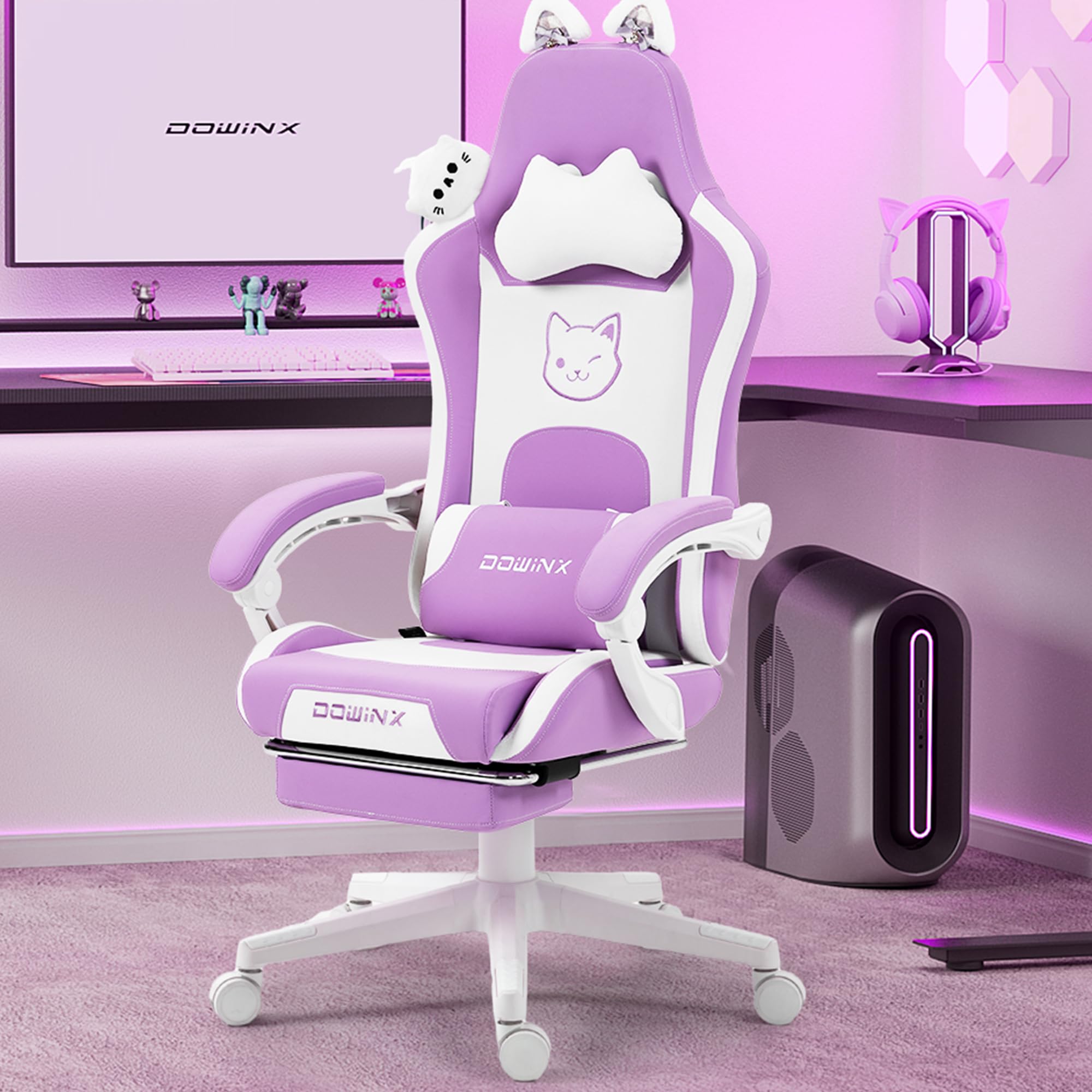dowinx gaming chair cute with cat ears and massage lumbar support, ergonomic computer chair for girl with footrest and headrest, comfortable reclining game chair 290lbs for adult, teen, purple