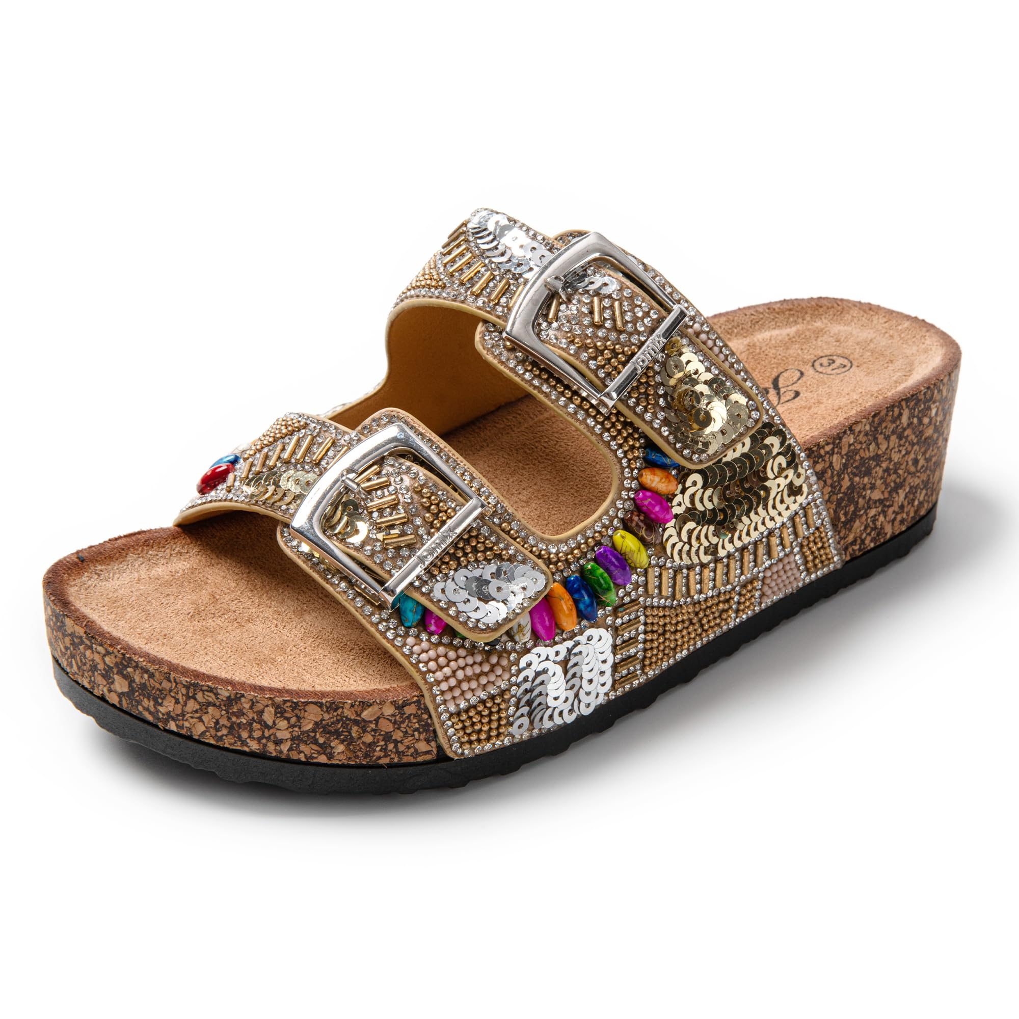 JOMIX Damen Pantoletten Glitzer Clogs Sandalen Plateau Bequeme Kork Strand Sommerschuhe