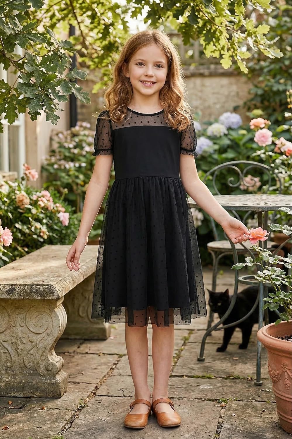 Arshiner Girls Dress Contrast Mesh Puffy Short Sleeve A Line Casual Party Dress 3-12 Years