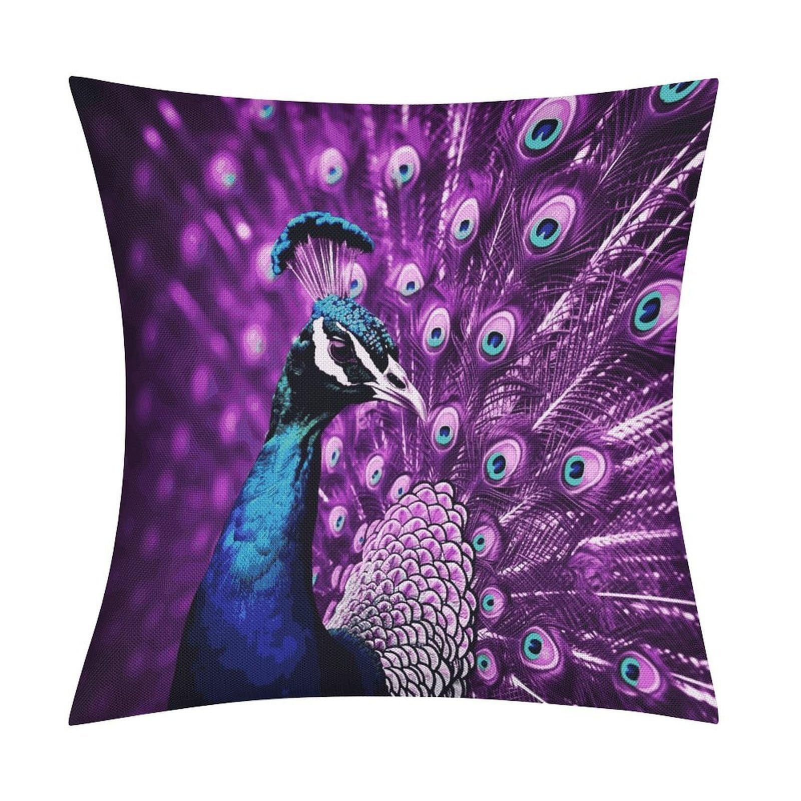 FekiLoot Purple Peacock Throw Pillow Cover Soft Square Cushion Case Farmhouse Cushion Cover Decorative Pillow Cover Modern Pillowcase for Sofa Living Room Bed Home Decor 18x18 Inch