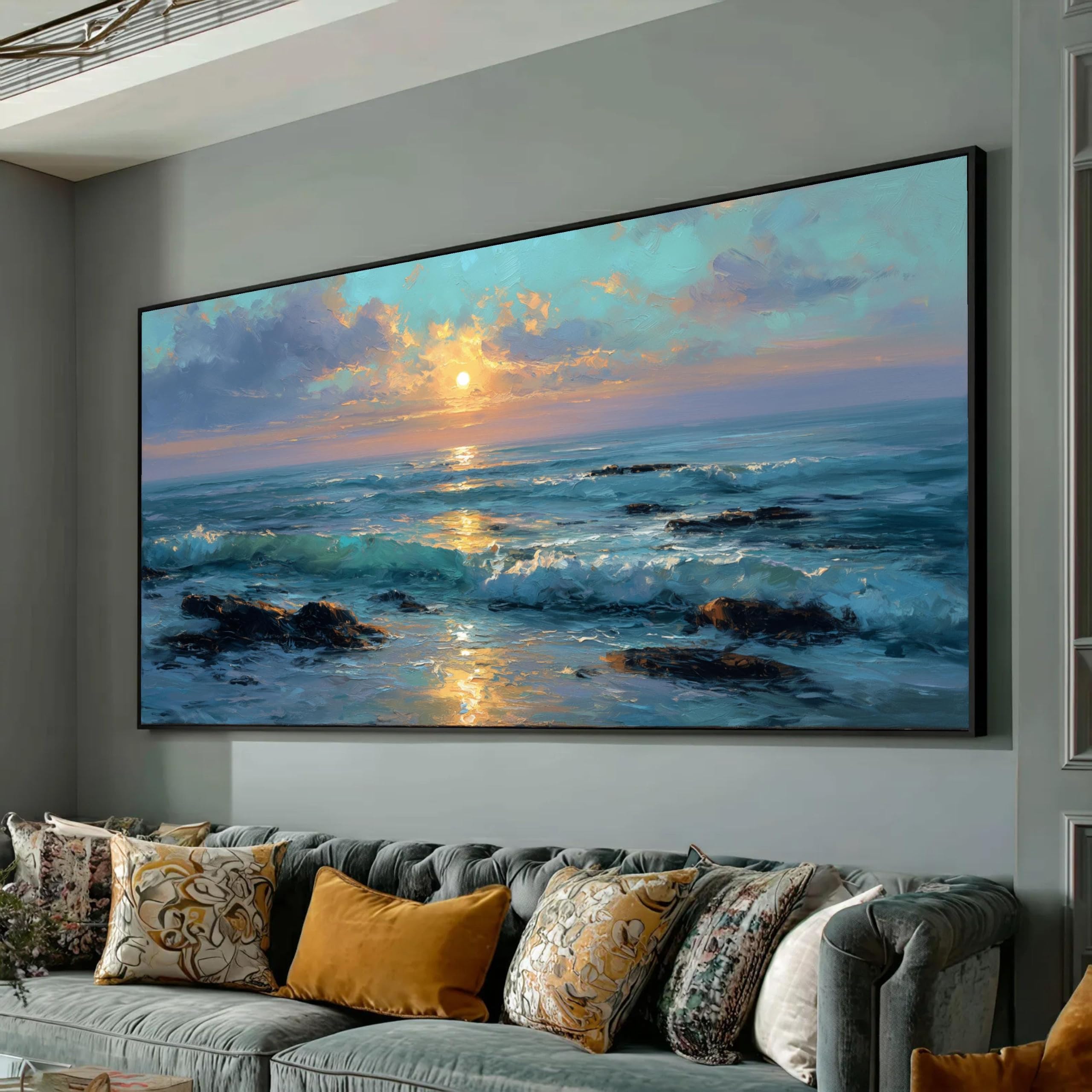TONGYINLI Ocean Sunset Canvas Oil Painting, Seascape Wall Art, Coastal Waves Canvas Print, Ready to Hang Mural(50x90cm/Internal Frame)
