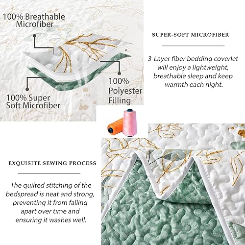 Miniatura 3 de Colcha floral tamaño Queen, edredón botánico verde Queen de 3 piezas, colcha suave reversible tamaño Queen para todas las estaciones (96 x 90