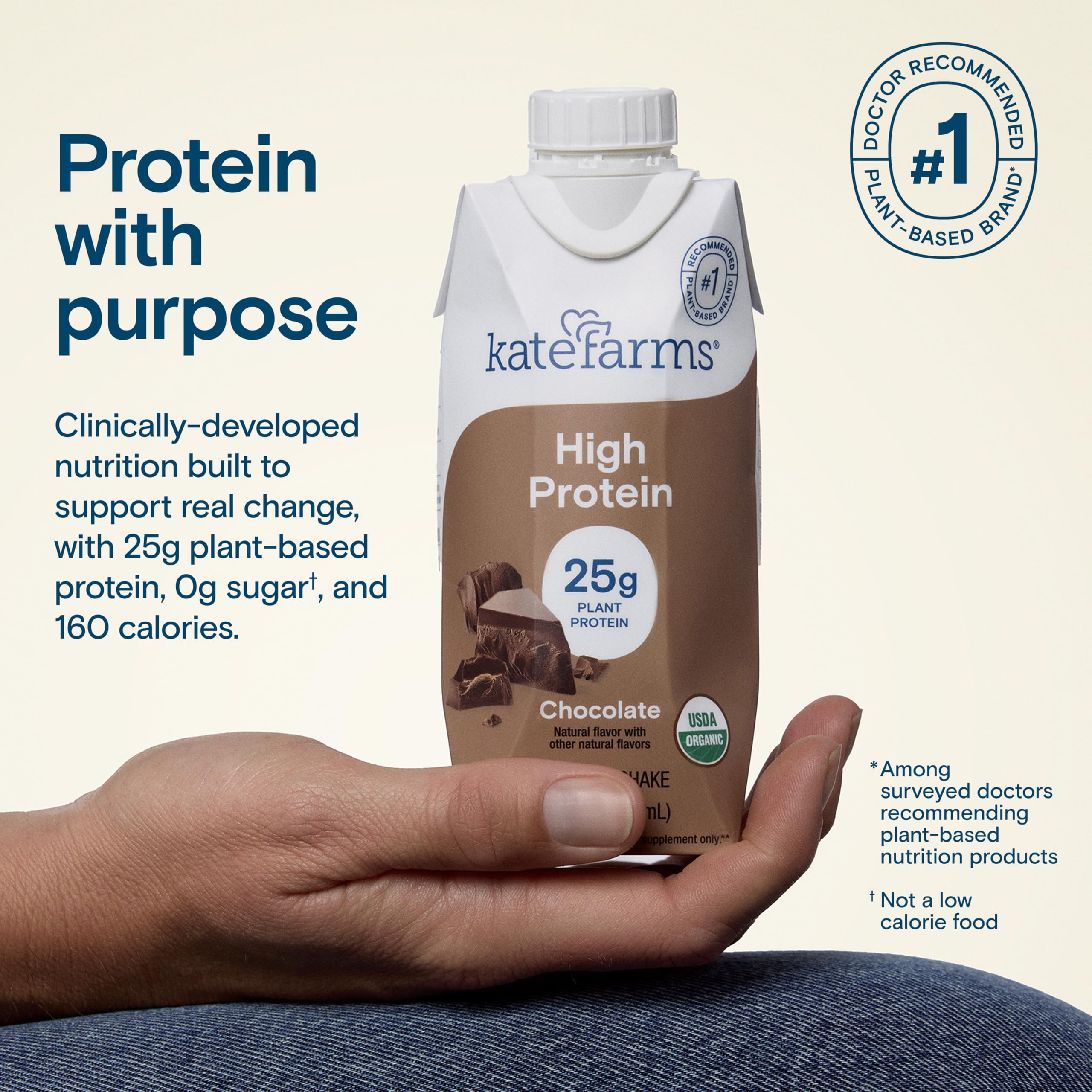 KATE FARMS Organic High Protein Chocolate Nutrition Shake, 25g Protein, 6g Fiber, 27 Vitamins and Minerals, 0g Sugar, Protein Drink, 11 oz Bottle