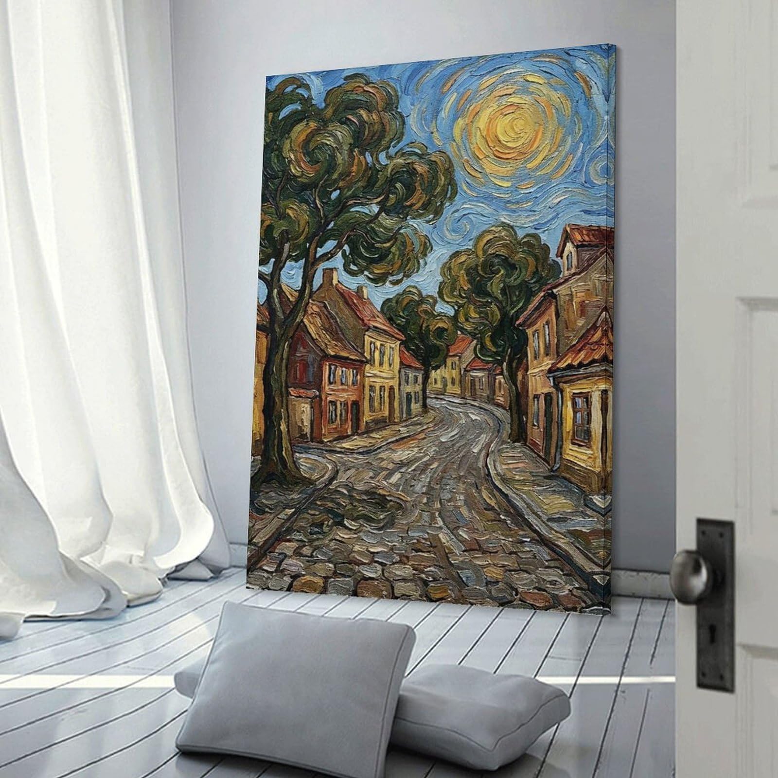 Junmoney Canvas Wall Picture Impressionist Street Scene with Swirling Sky, 20x30inch(50x75cm), for Office, Study Or Home Workspace, Canvas Wall Decor for Creative Rooms