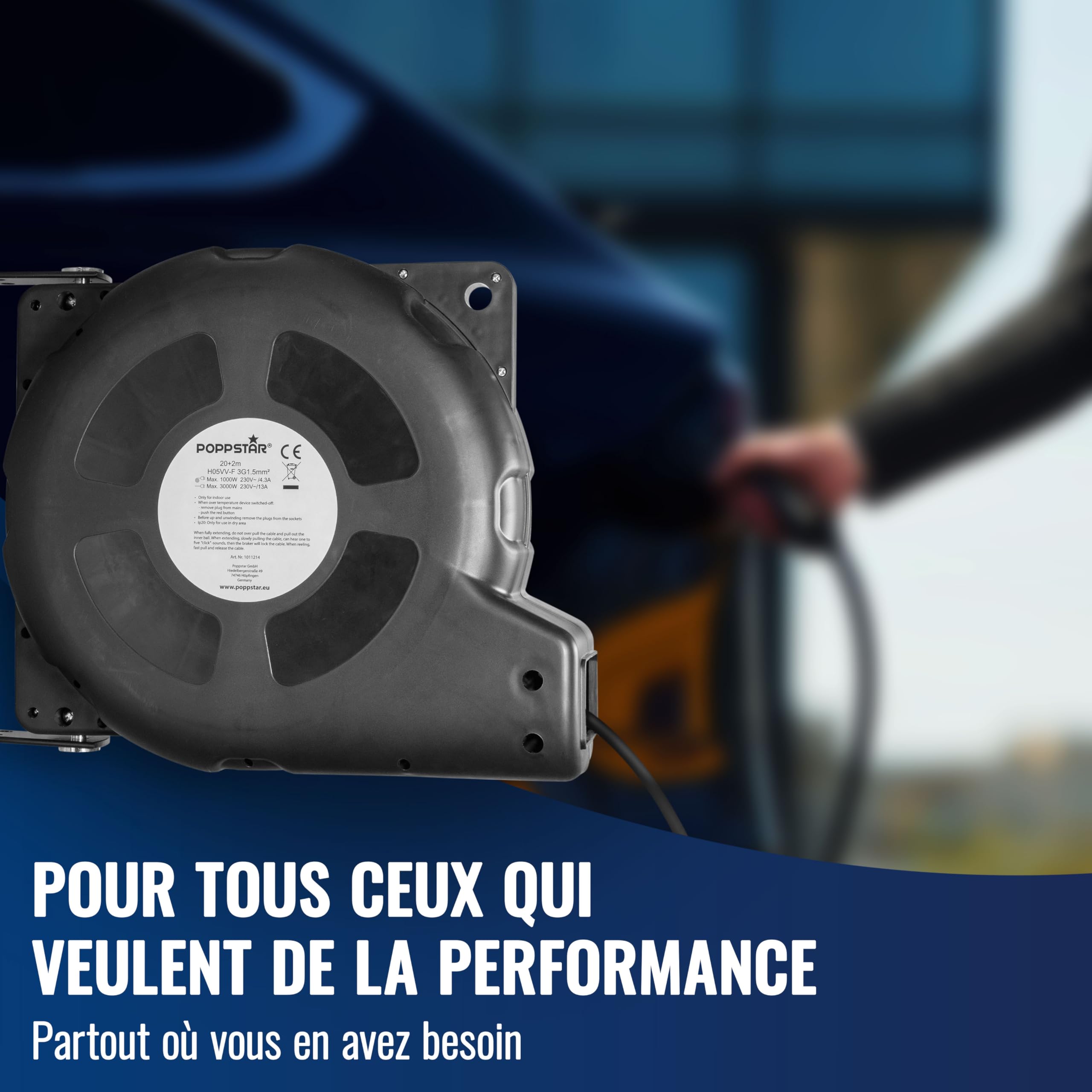 Poppstar Enrouleur de câble électrique automatique 20m + 2m (max. 3000W) Tambour de câble automatique auto-enroulant IP20 avec interrupteur thermique