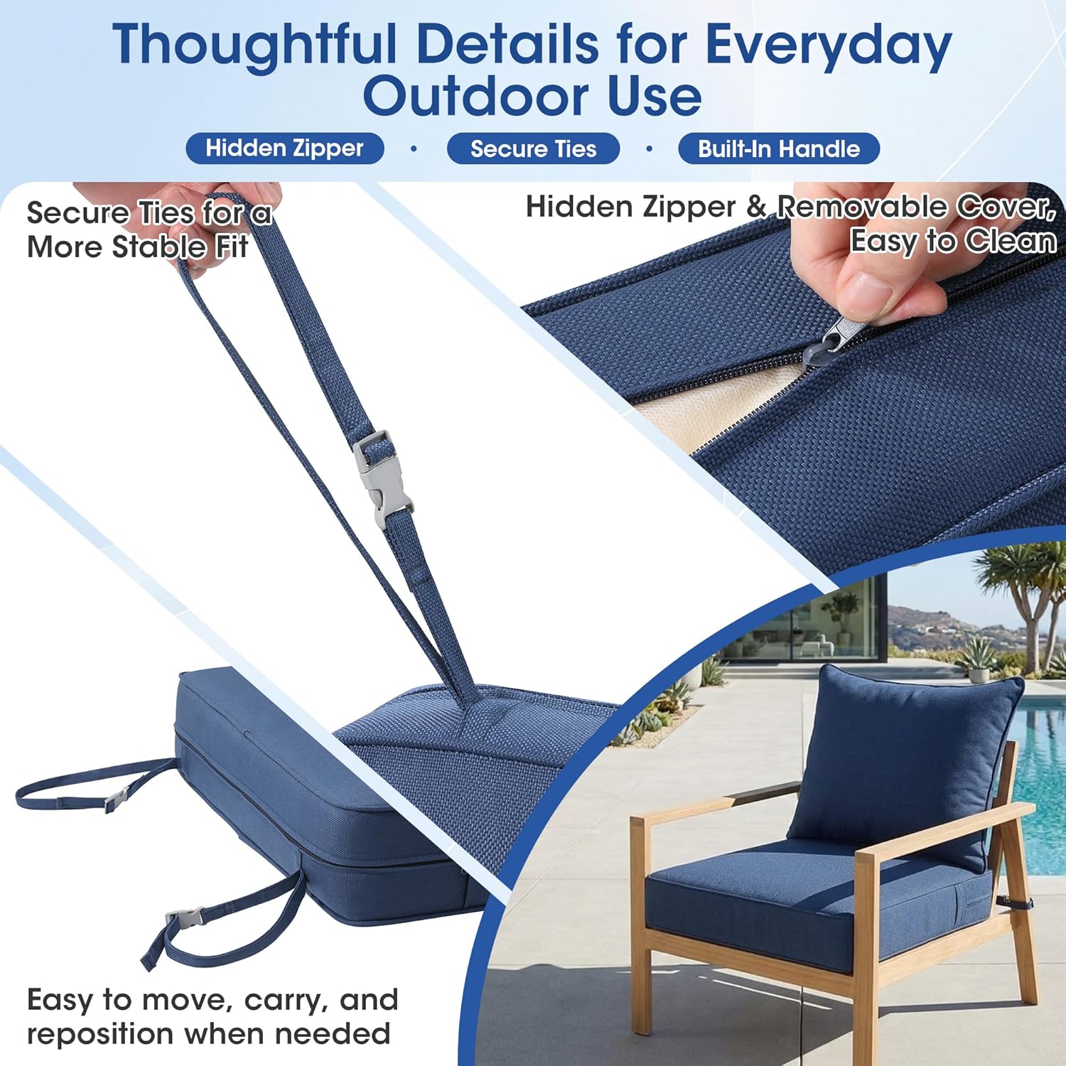 Patio Furniture Cushion Set, 24 x 24 x 6 Extra Thick Deep Seat Outdoor Chair Cushions for Patio Furniture, Olefin Replacement Set, Water Resistant, Removable Cover, Ties and Handle, Blue