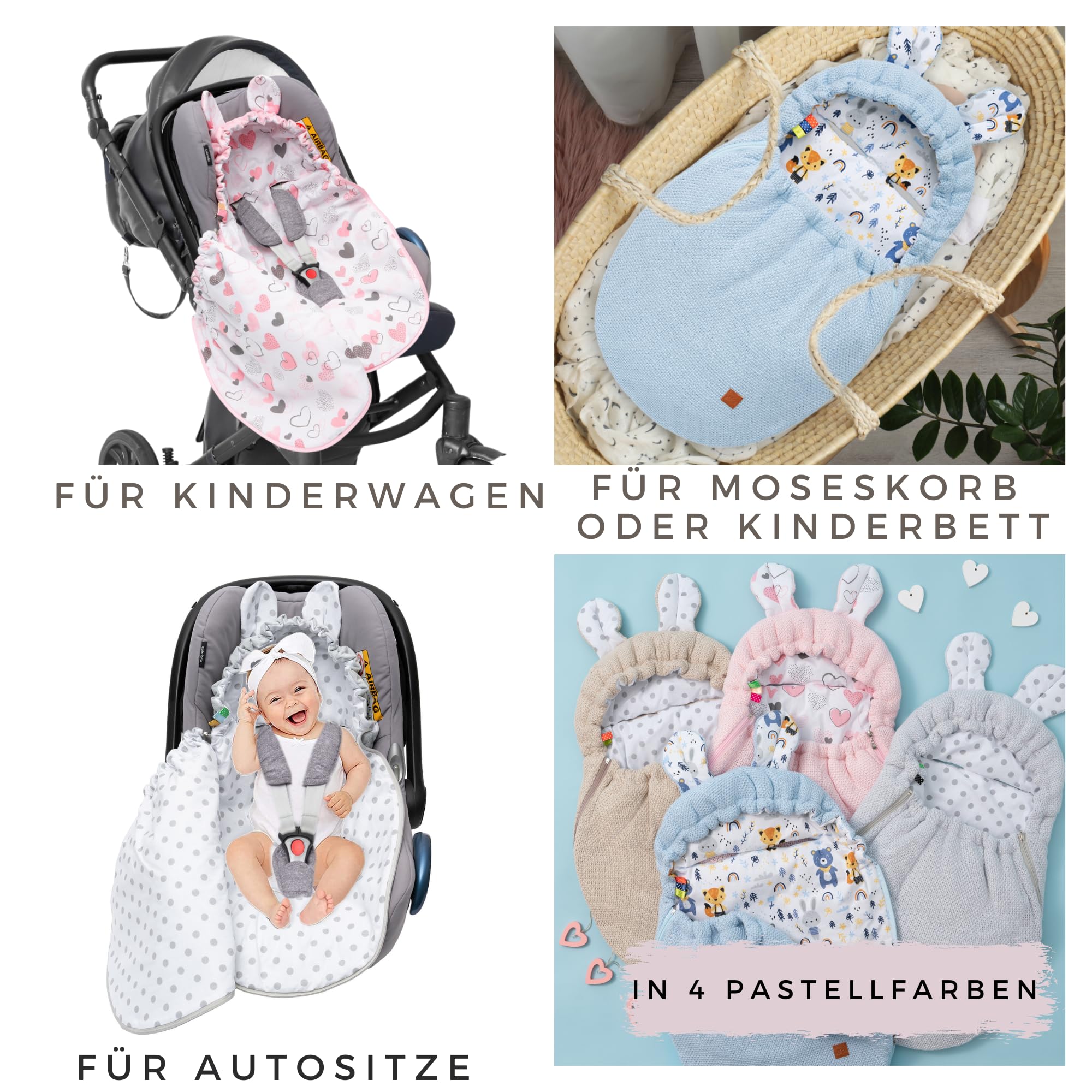 Mikos Coperta per ovetto, autunno inverno, sacco nanna con cerniera, 100% cotone GOTS Zert. coperta a maglia con imbottitura, universale, per passeggini, primavera, Maxi Cosi a 3 punti (50) (rosa)