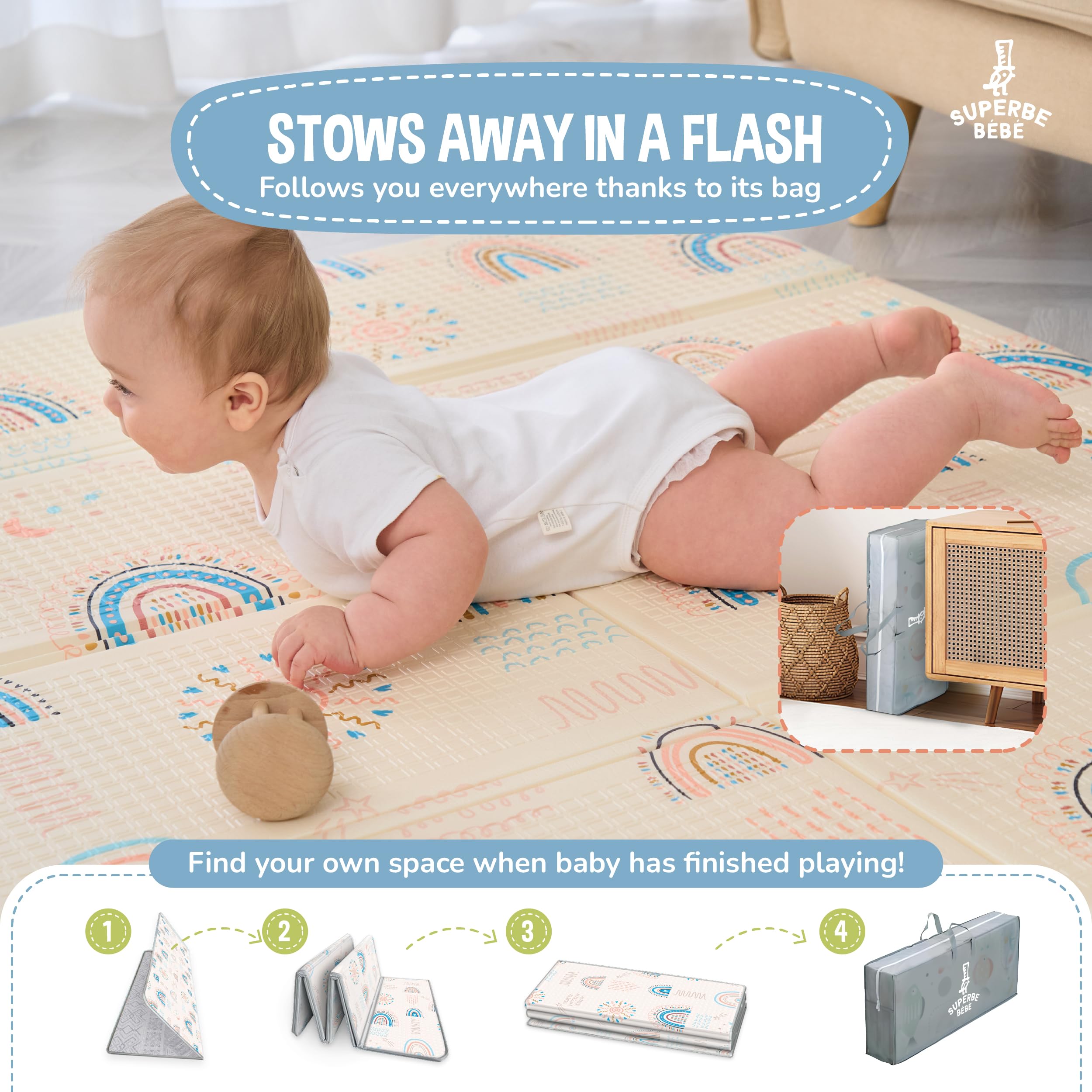 Reversible and Non-Toxic Thick Foldable Waterproof Foam Baby Play Mat 180x160x1cm. Floor Mat for Kids Toddlers Children. for Boy or Girl Child's Room. Extra Large Size SUPERBE BEBE ® — view 3