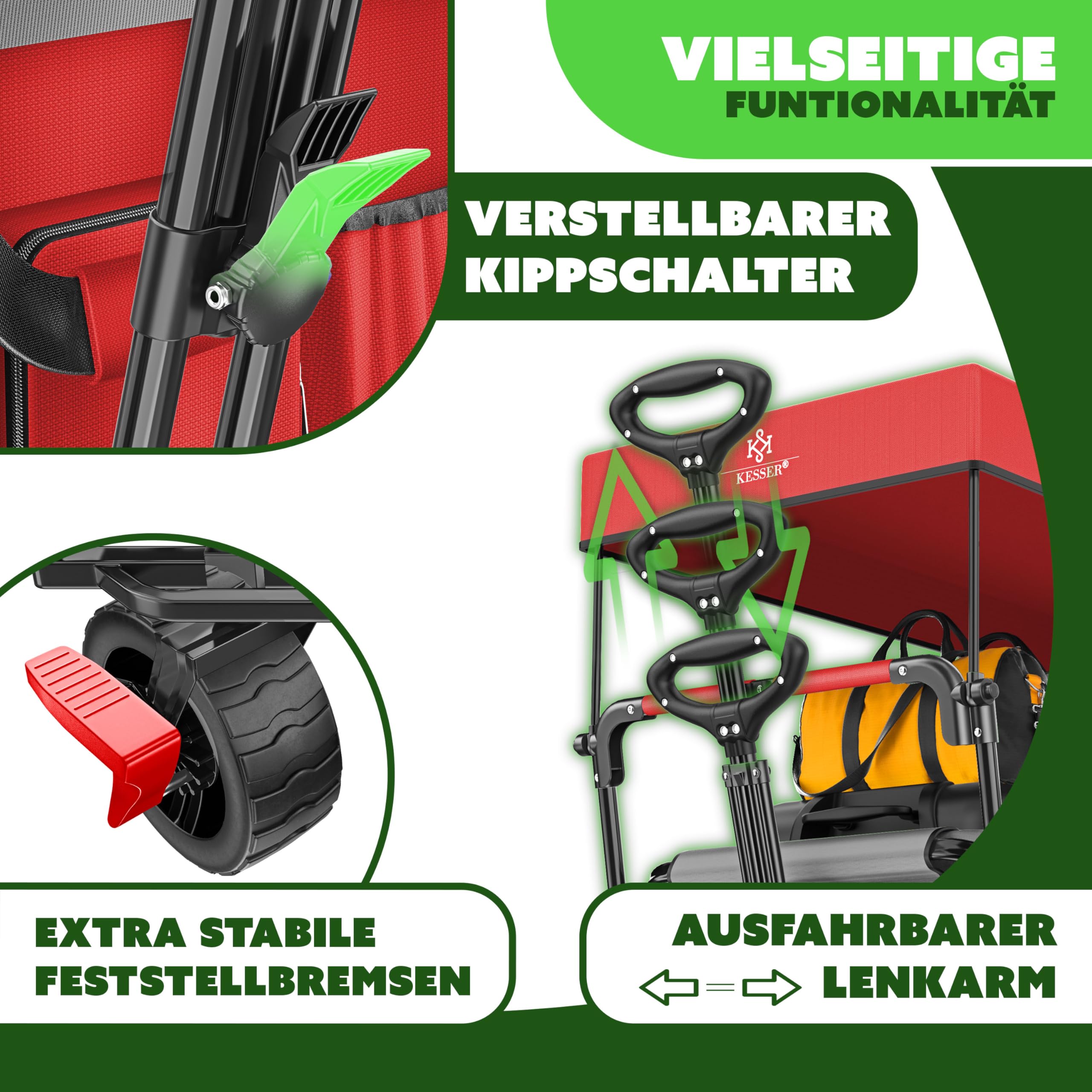 KESSER® Bollerwagen faltbar GT9000 Handwagen mit Dach | Transportwagen max. belastbar bis 150kg mit Hartgummi-Räder & Feststellbremsen (Vorne & Hinten) | Inkl. Schloss, Abdeckung, Wetter & Sichtschutz