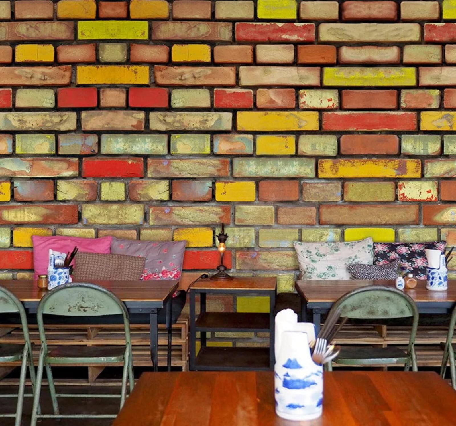 Wallpaper-3D-Xlm 250Cm×170Cm(B×H) Retro Large Colourful Brick Wall Art 3D Wallpaper Easy Install Feature Office Living Room Sofa Bedroom Tv Background Wall Decoration-250Cm×170Cm