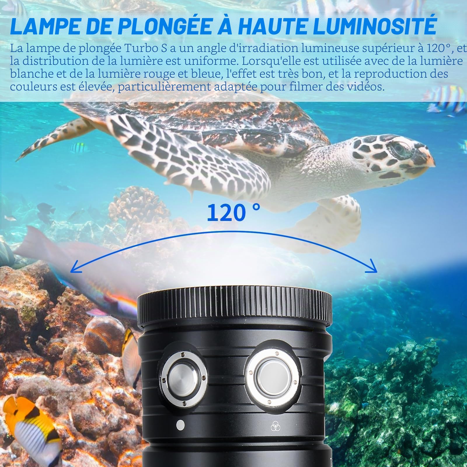 Turbo S Lampe de Plongée 10000 Lumens - Lampe Video sous-Marine Professionnelle, avec CRI 92, 5200K, Étanche 100m, Recharge USB-C pour Sports Nautiques et Plongée Professionnelle