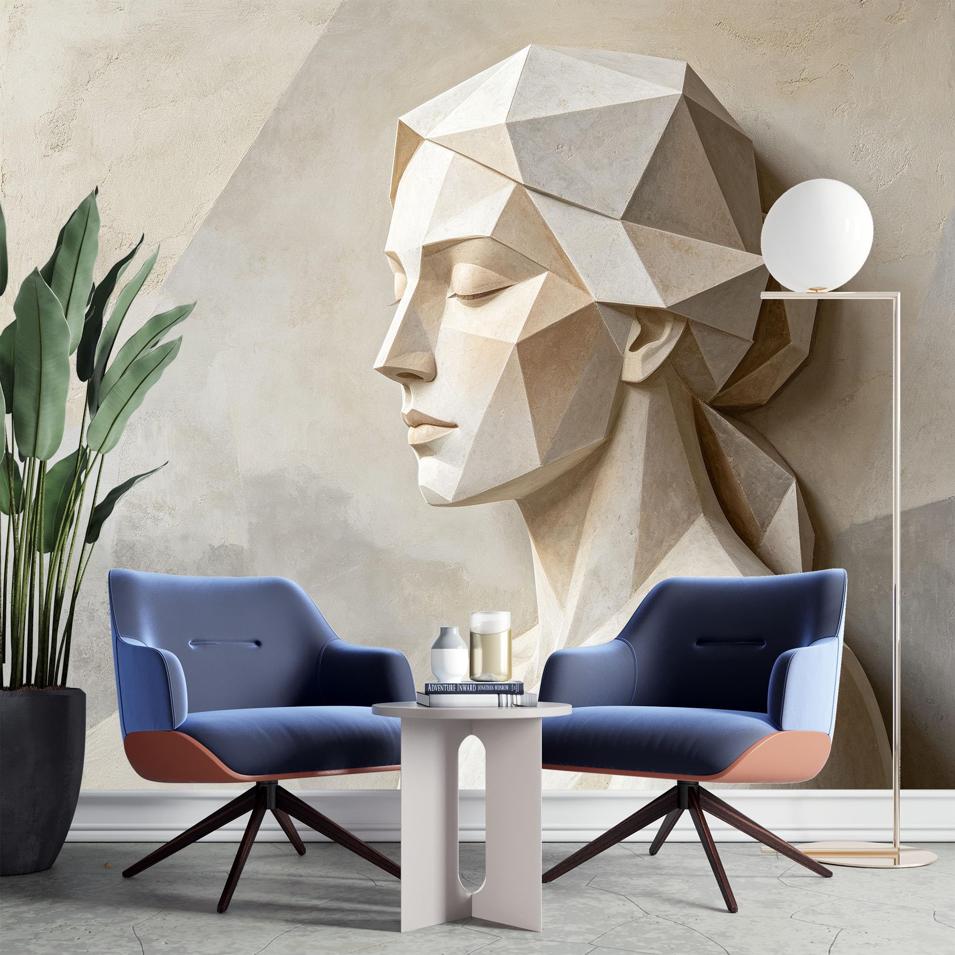 Papier Peint Intissé Fresque Murale Abstraite Géométrique À Facettes Représentant Des Sculptures Féminines 300 x 210 cm Papier Peint Photo 3D Art Mural Moderne pour Salon et Chambre.