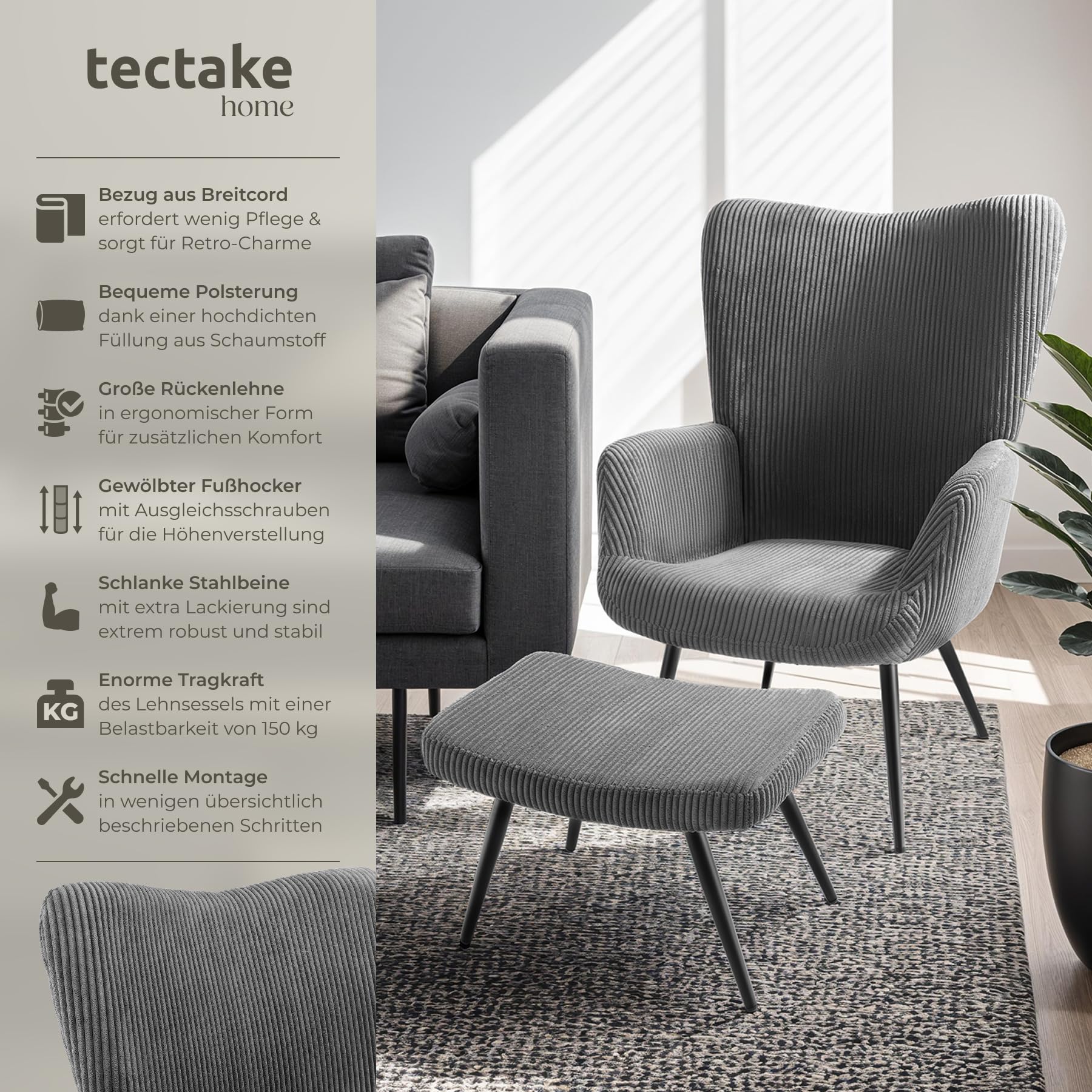 tectake® Skandinavischer Stil Ohrensessel, Sessel Hygge mit Hocker, Breitcordbezug, Sessel Wohnzimmer, Schlafzimmer, Esszimmerstuhl, Statement Loungesessel, belastbar bis 150 kg - anthrazit/schwarz