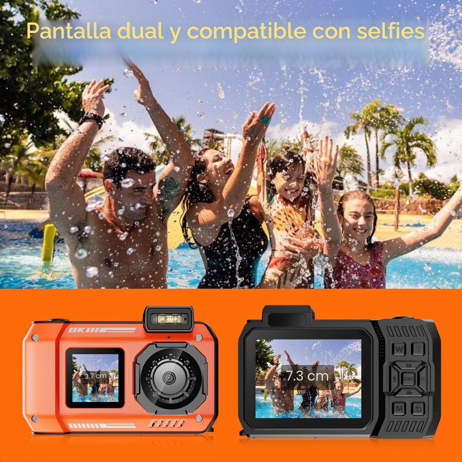 MaxMango D50 8K 70MP Camara Digital - 33FT Camara Acuaticacon Tarjeta de Memoria de 64 GB, Camara de Fotos con Zoom Automático de 18X, A Los Golpes y al Polvo, Adecuado para Snorkeling - Naranja