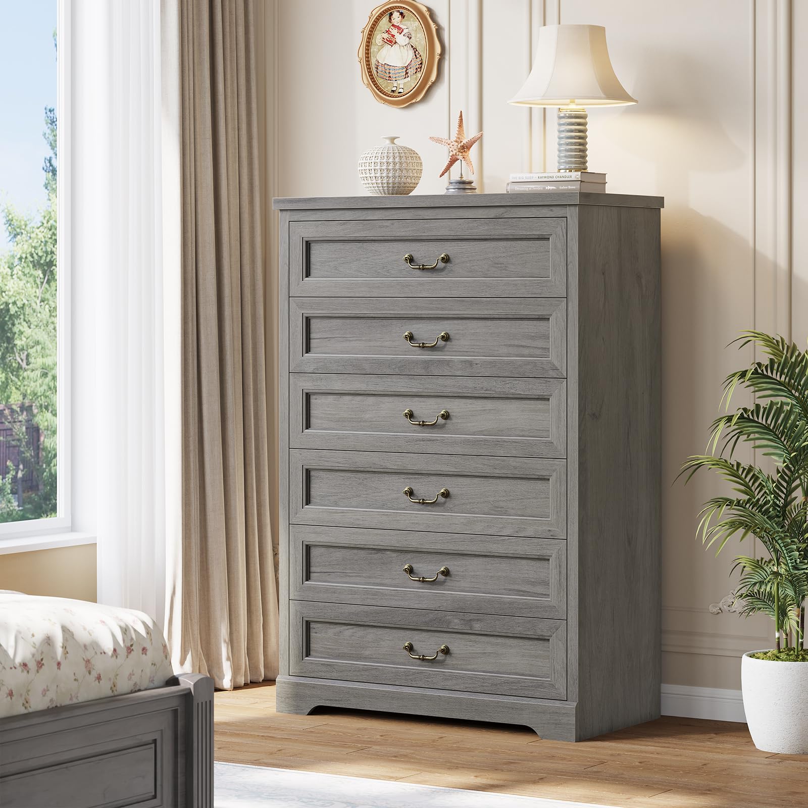 Hasuit Farmhouse 6 Drawers Dresser for Bedroom, 51.3" Tall Wood Dressers Chest of Drawer, Rustic Storage Cabinet Organizer with Large Drawer and Vintage Handle, Grey Dresser for Bedroom Closet Hallway