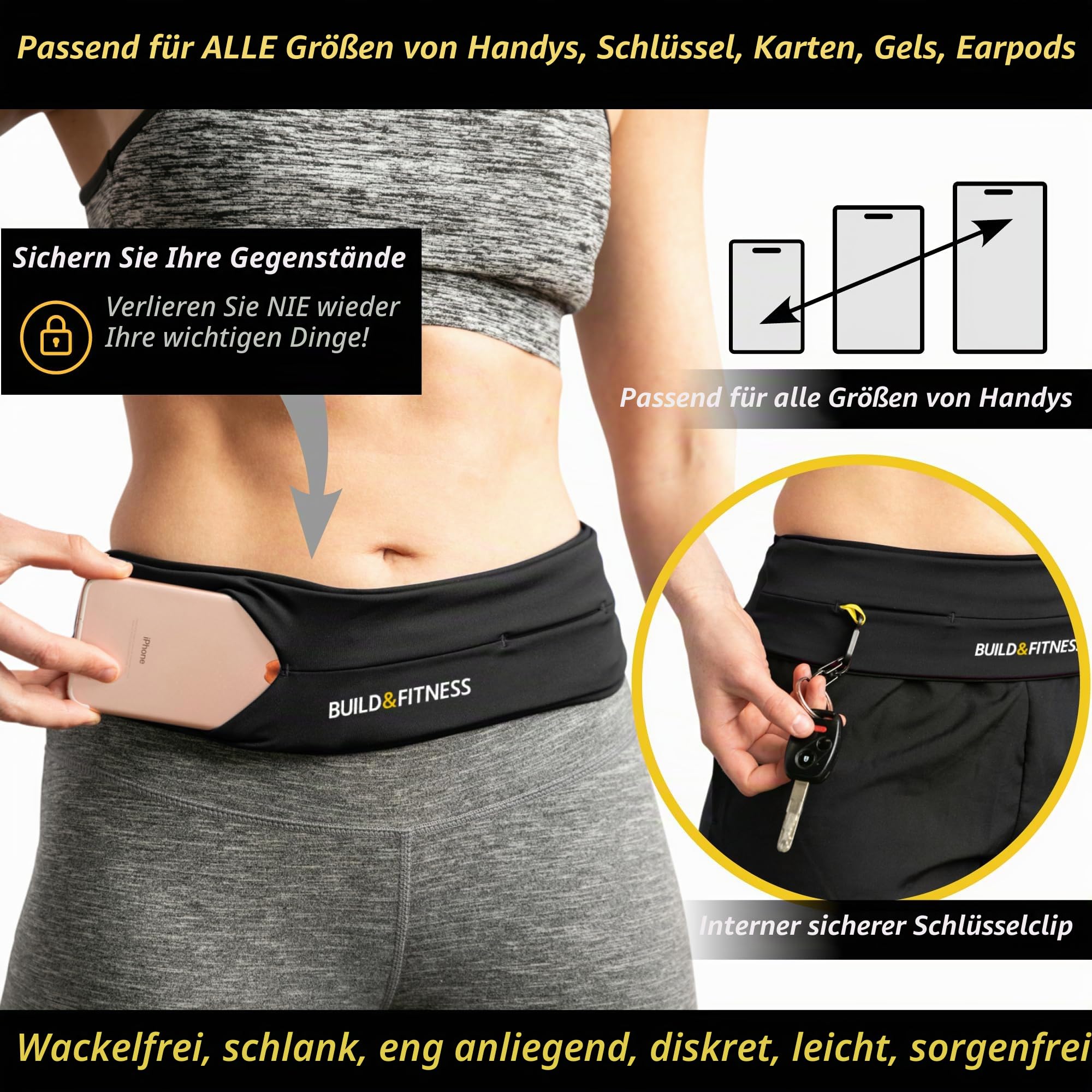 Build & Fitness Laufgürtel. Flip-Taille Gürteltasche, Schlüsselclip und Handyhalterung für Damen und Herren. Leicht, schlank, komfortabel und passend für alle Samsung- und iPhone-Modelle