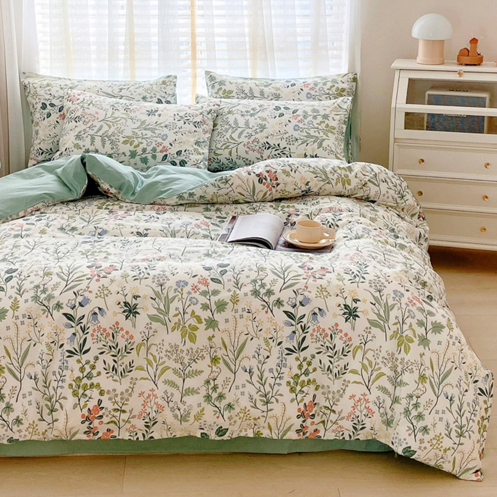 Lightweight Queen Duvet Cover Set Green Pink Floral Bedding Sets Queen Flower Branches Duvet Cover Set Aesthetic Boho Chic Premium Cotton Comforter