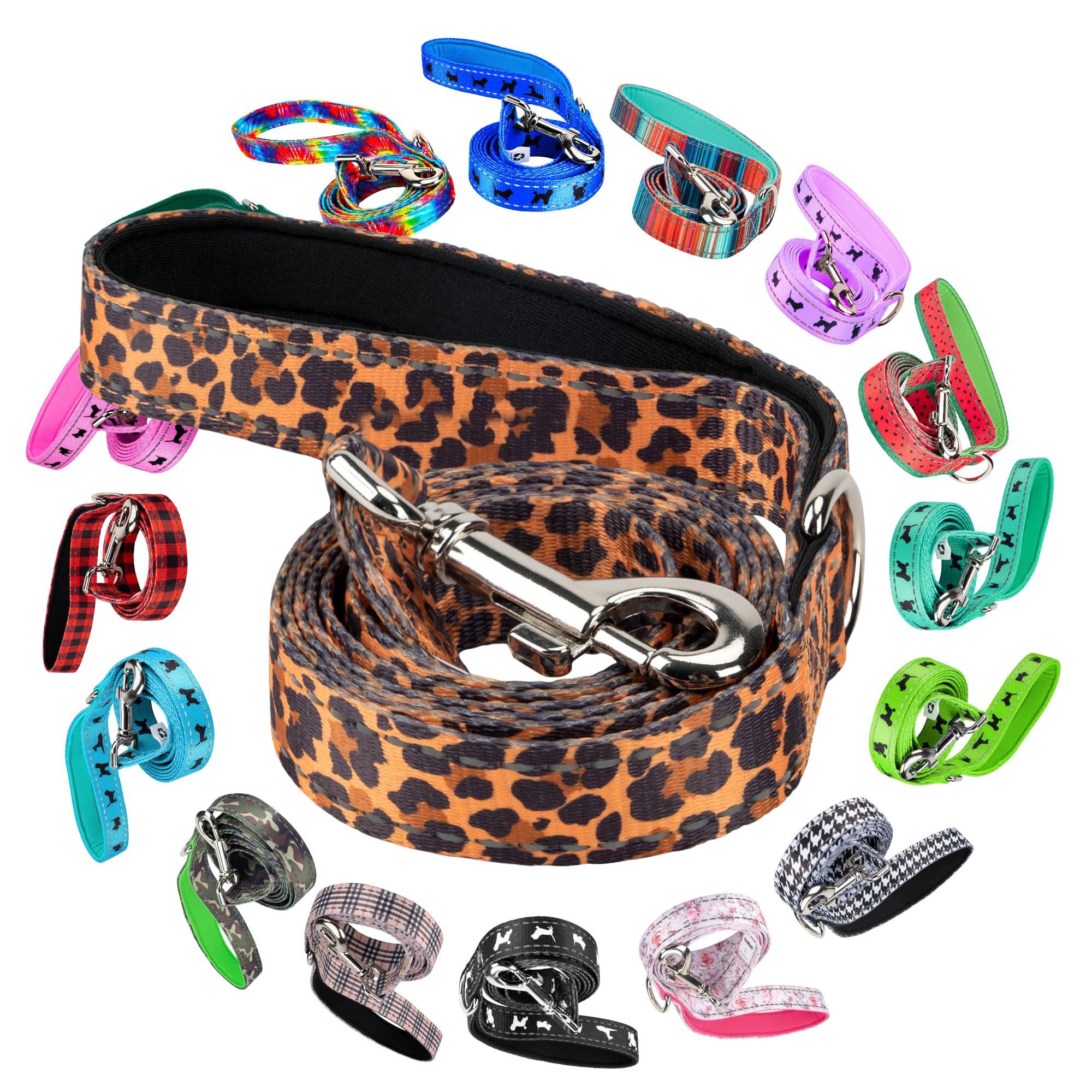 EcoBark Dog Leash - Soft & Reflective Comfort Leash with Padded Handle - Safe, Strong, & Durable for Small, Medium or Large Dogs (Cheetah)