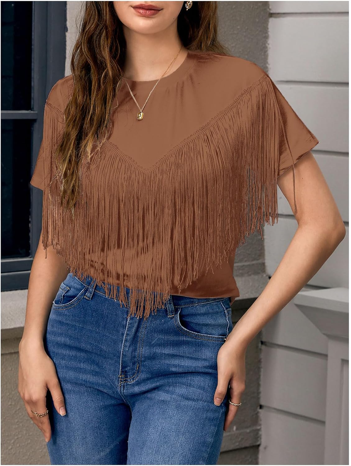 Verdusa Women's Short Sleeve Fringe Tops Tassel Trim Cowgirl Shirts Western Outfits - Image 4