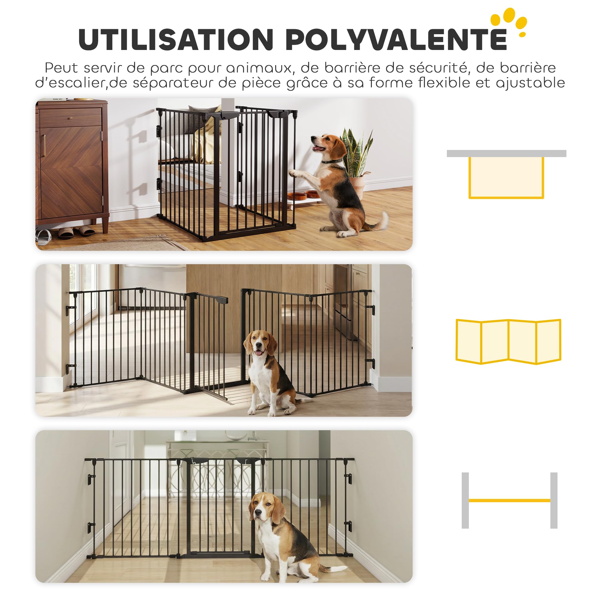 PawHut Barrière de sécurité Parc enclos Chien modulable Pliable Porte intégrée 300L Max. x 74,5H cm métal PP Noir