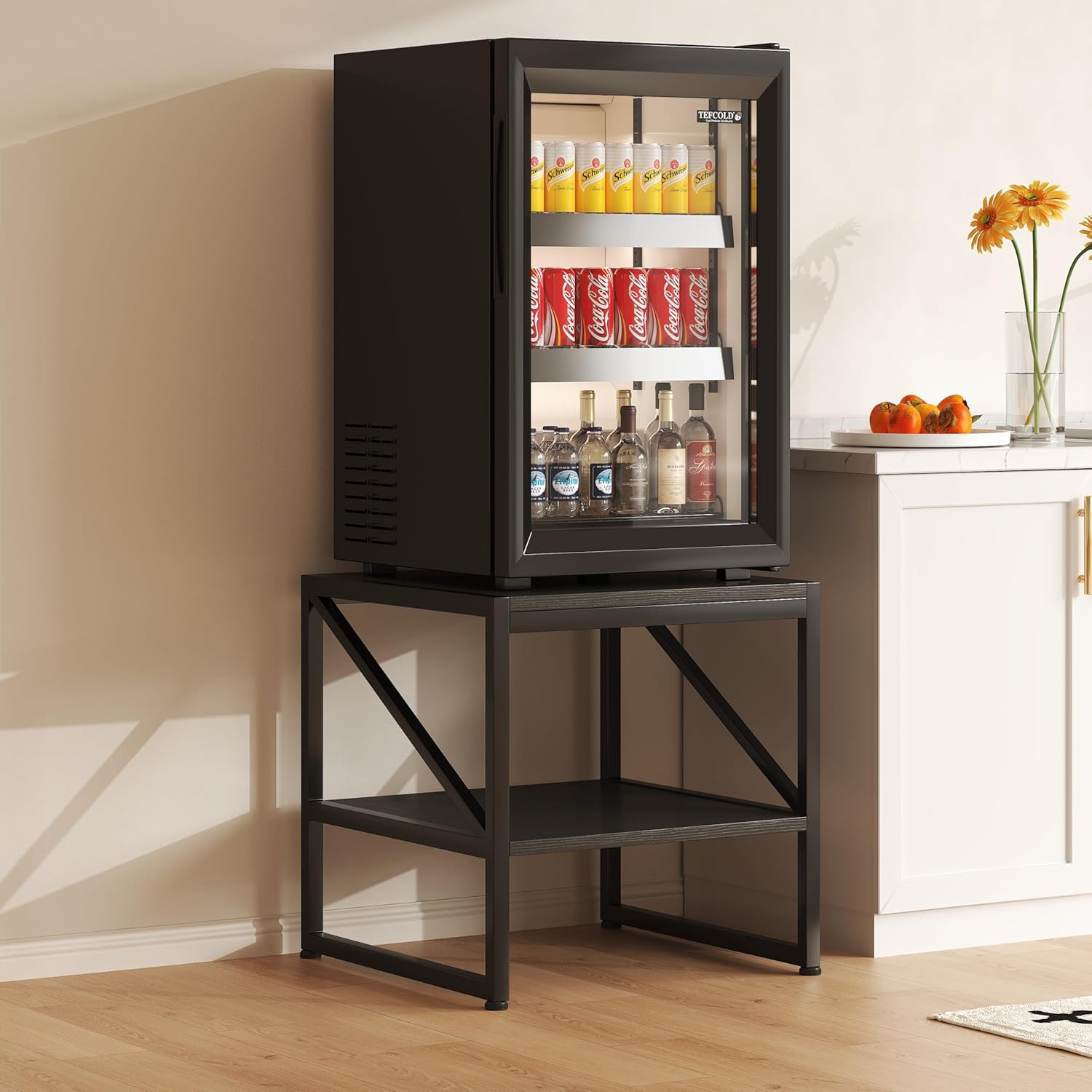 Mexin 20 Inch Square End Table, Mini Fridge Stand with 2-Tier Storage Shelf, High Load Capacity Side Table for Living Room Bedroom, Black