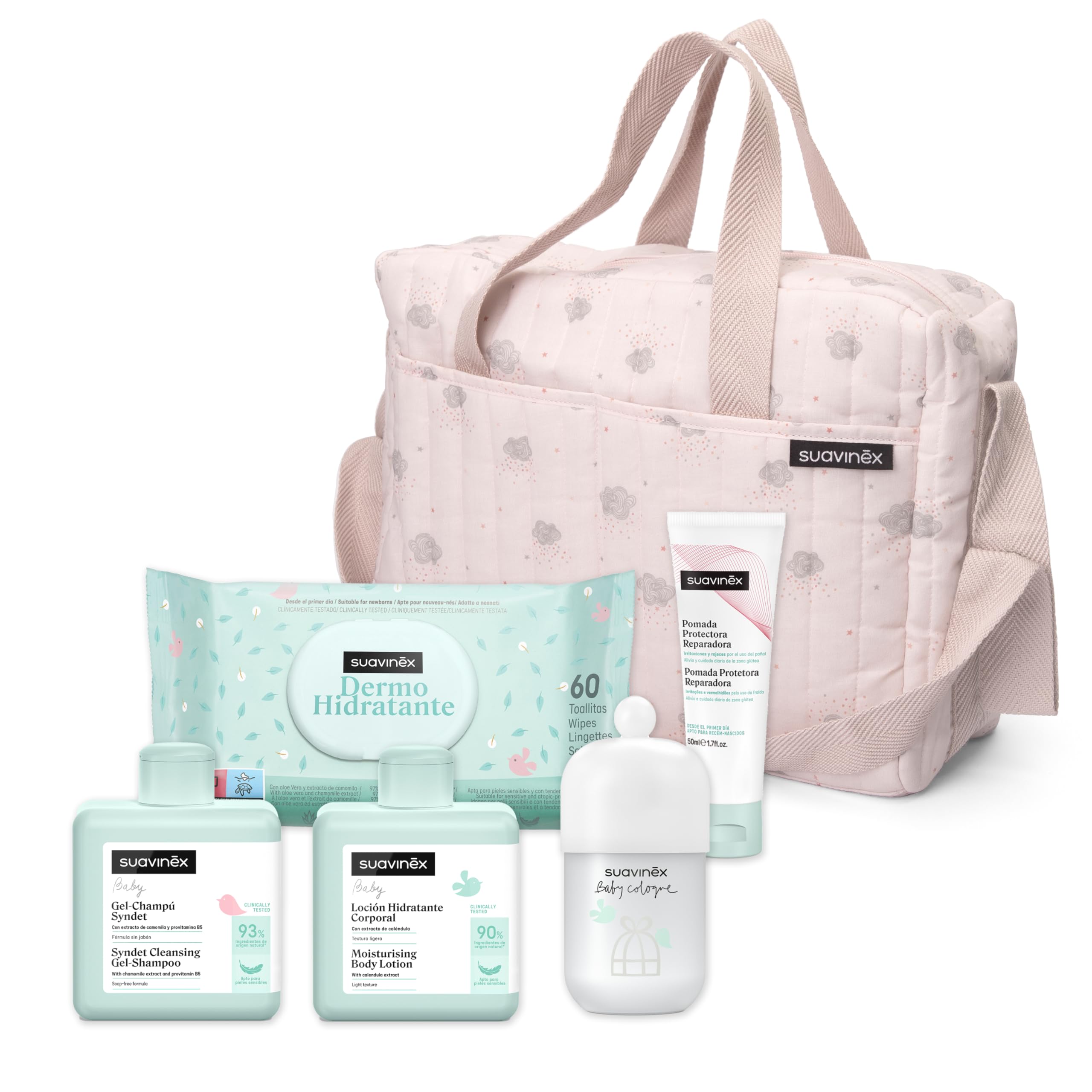 Suavinex, Bolso Carro Bebé con Cosmética: Gel Champú Syndet 300 ml + Loción Hidratante 300 ml + Pomada Pañal 50 ml + Baby Cologne 100 ml + Toallitas 60 Uds. Regalo Recién Nacido, Canastilla Bebé, Rosa