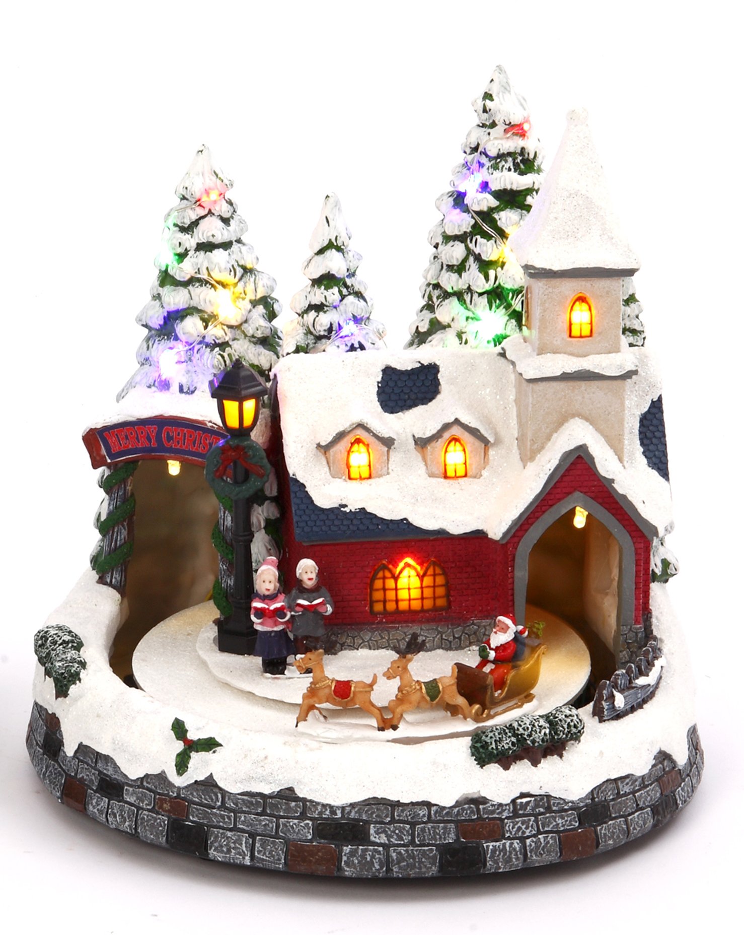 Lighted Animated Christmas Village Scene with Church or Train Station - Holiday Decoration (Santa)