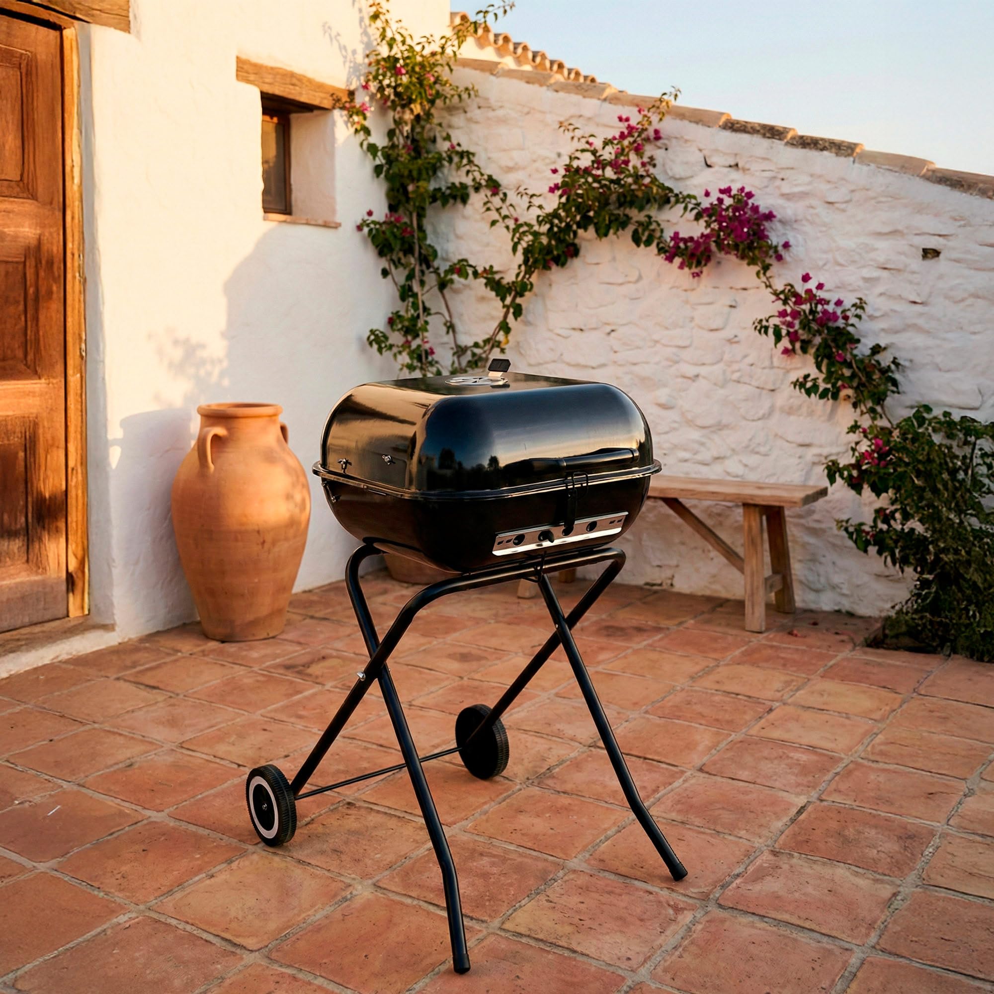 AKTIVE Barbacoa portátil con ruedas, Color negro, Mide 49x74x79 cm, Acero resistente, Patas plegables, Tapa con ventilación, Mini parrilla carbón extraíble (63178)