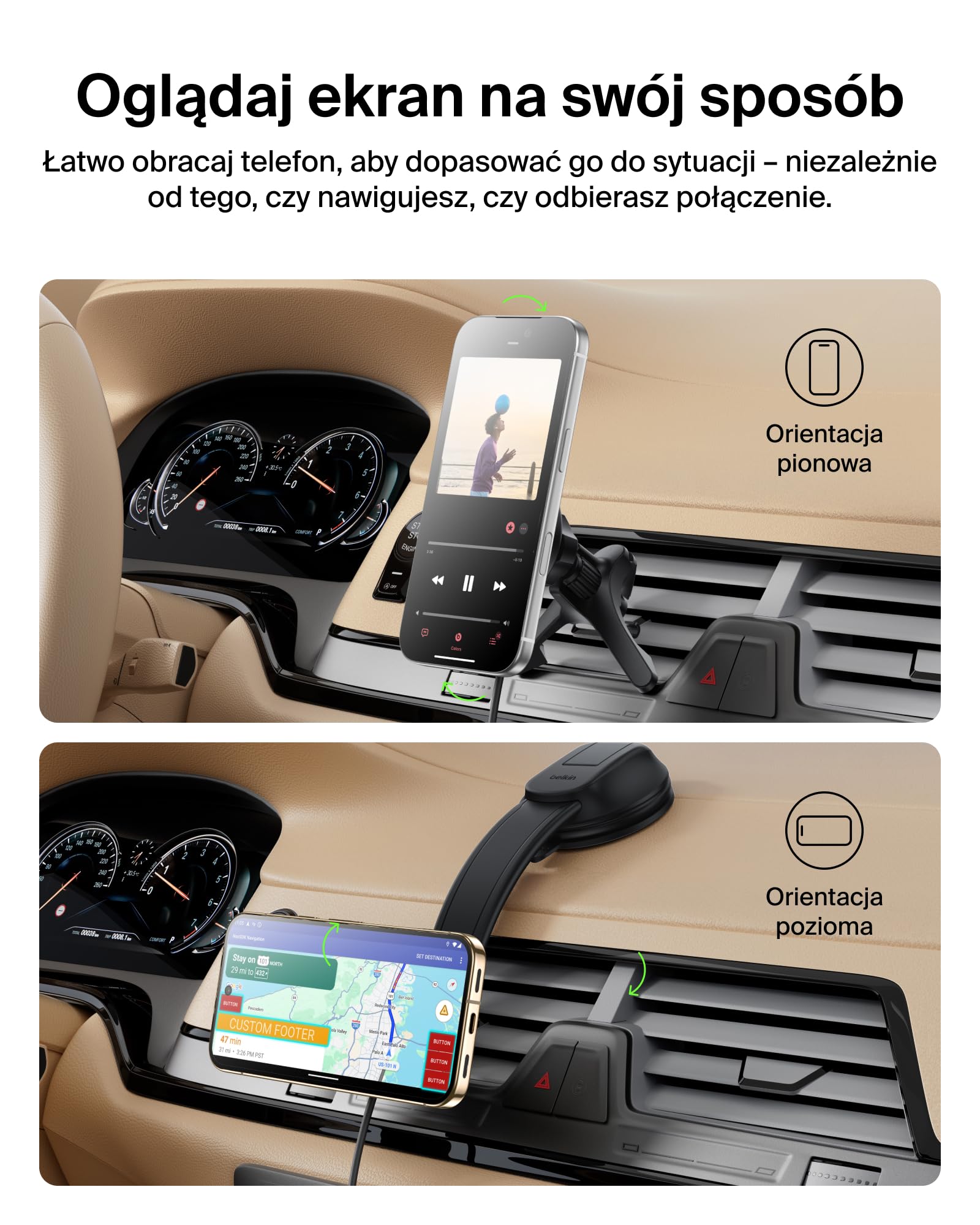 Belkin Bezprzewodowa Ładowarka Samochodowa, Zgodny z MagSafe Magnetyczny Uchwyt na Kratkę Nawiewu/Deskę Rozdzielczą, z Kablem USB-C, do iPhone’a 17, Galaxy S25, Pixelsnap – Akcesoria Qi2 – Czarna