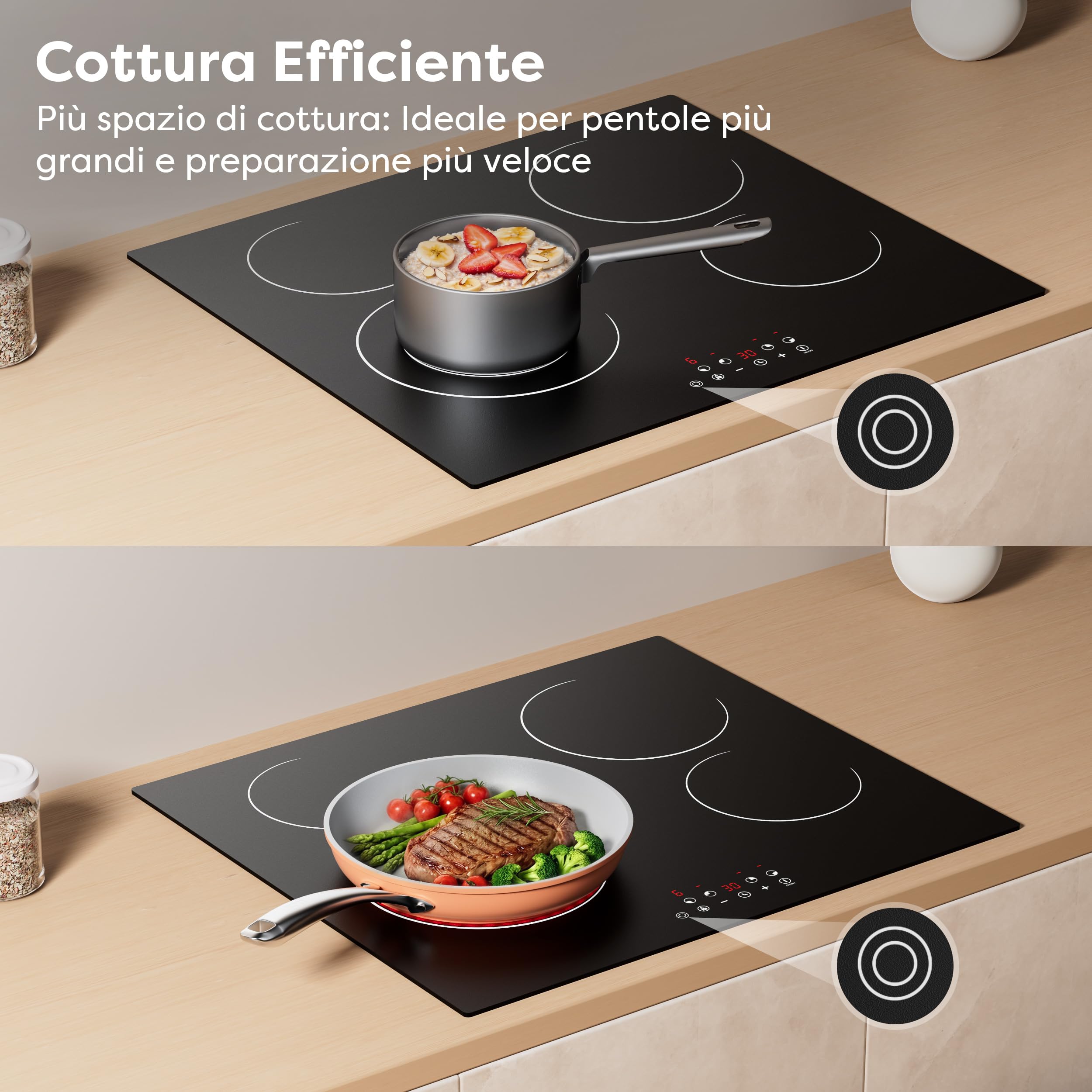 CDV Piano Cottura Vetroceramica 4 Fuochi 6400 W Doppia Zona | Piano 60 cm da Incasso con Doppia Zona, 9 Livelli, Timer 99 Min, Blocco Bambini e Spegnimento Automatico