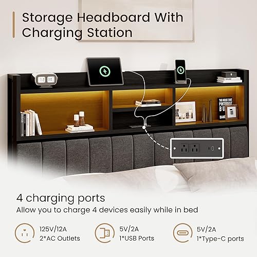 Miniatura 5 de Base de cama King con 6 cajones de almacenamiento, cabecera tapizada de lino, estación de carga USB integrada e iluminación LED, soporte de metal