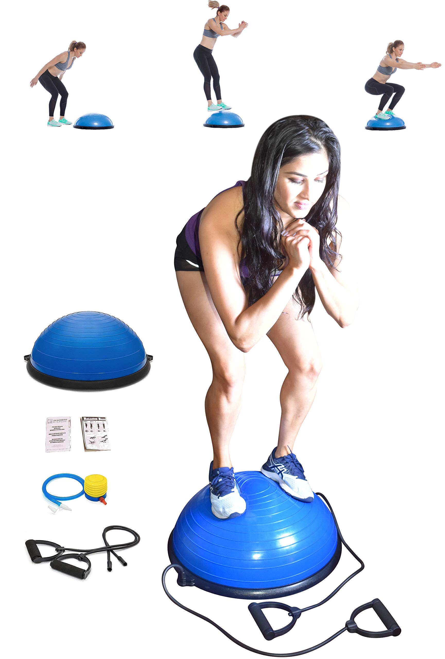X-Factor Balance Ball Half Exercise Ball with Resistance Bands, Balance Trainer Bonus Pump for Yoga Fitness, Home Gym Stability Workout, Strength Exercise Quantity (Blue)