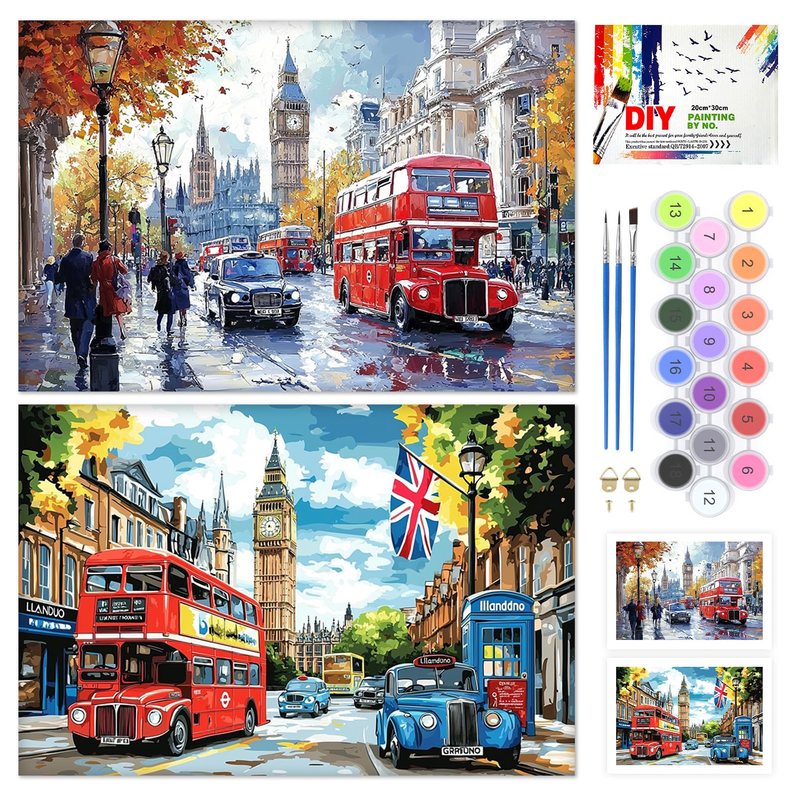 QENSPE 2 Pack Paint by Numbers Kit London, Stretched Canvas Boards for Painting for Adults Buses, Wrinkle-Free Acrylic Oil Painting for Students Beginners, Drawing Party Supplies (20x30 cm)