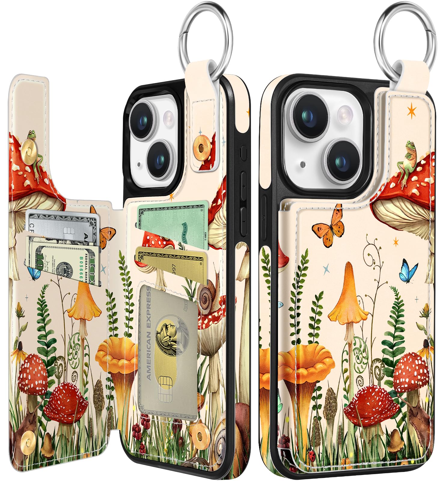 Shorogyt for iPhone 14 Wallet Case with Card Holder, Designer Mushroom Frog Pattern Kickstand Magnetic Clasp Back Flip Folio Leather Phone Cases for iPhone 14 for Women Men Girls