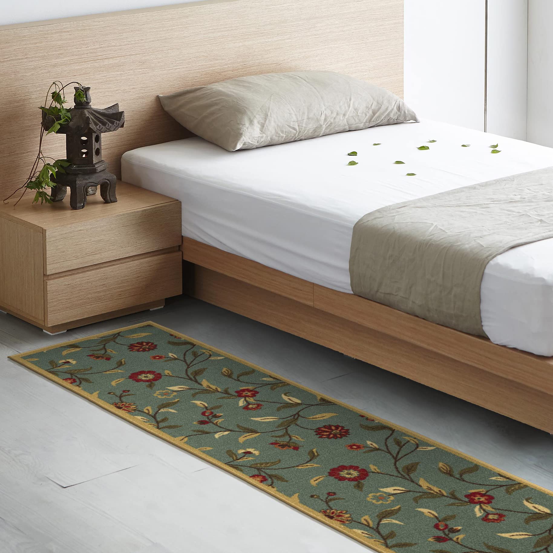 ottomanson ottohome collection non-slip rubberback floral leaves design 2x7 indoor runner rug, 1'10" x 7', seafoam green
