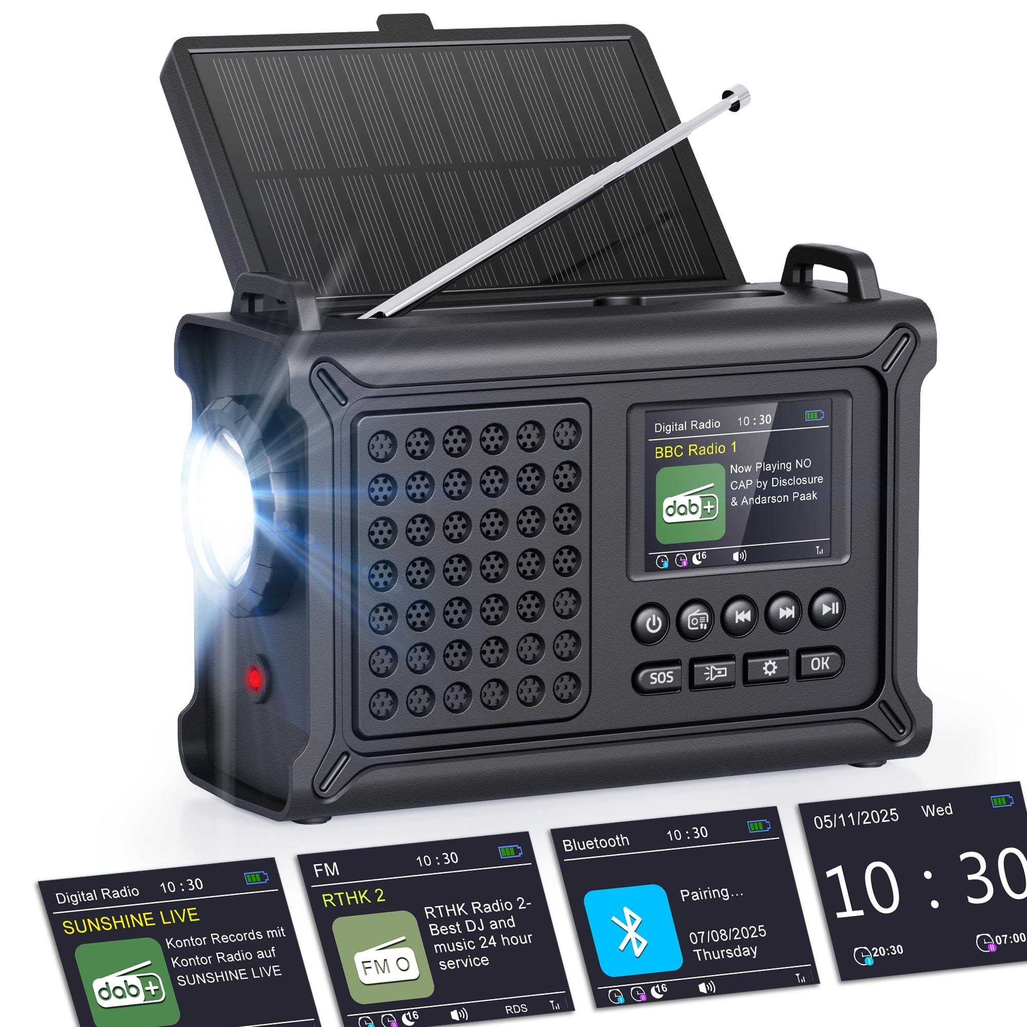 ROCAM Radio d'urgence Dab+/FM avec Bluetooth, Radio Numérique Portable 12000mAh avec Panneau Solaire 8500mm² & Manivelle 650mA, Écran Couleur 2,4", 80 Stations, SOS, Lampe LED, USB, IPX6 pour Camping