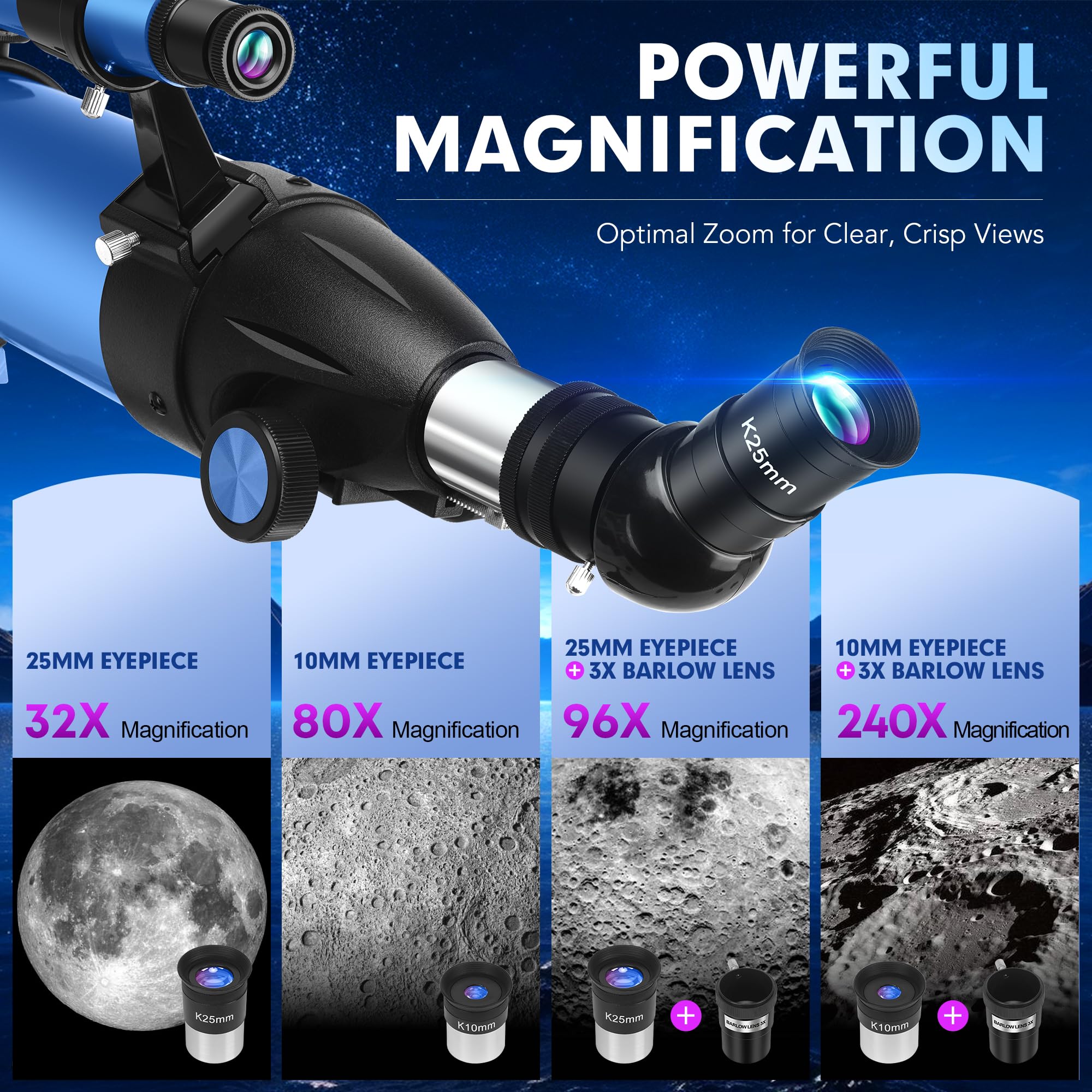 MEEZAA Télescope, Télescope Astronomique Adultes Enfants et Débutants, 90 mm Ouverture 800 Professionnel Télescopes Réfracteur avec Trépied, Sac de Transport, Adaptateur de Téléphone et Filtre Lunaire