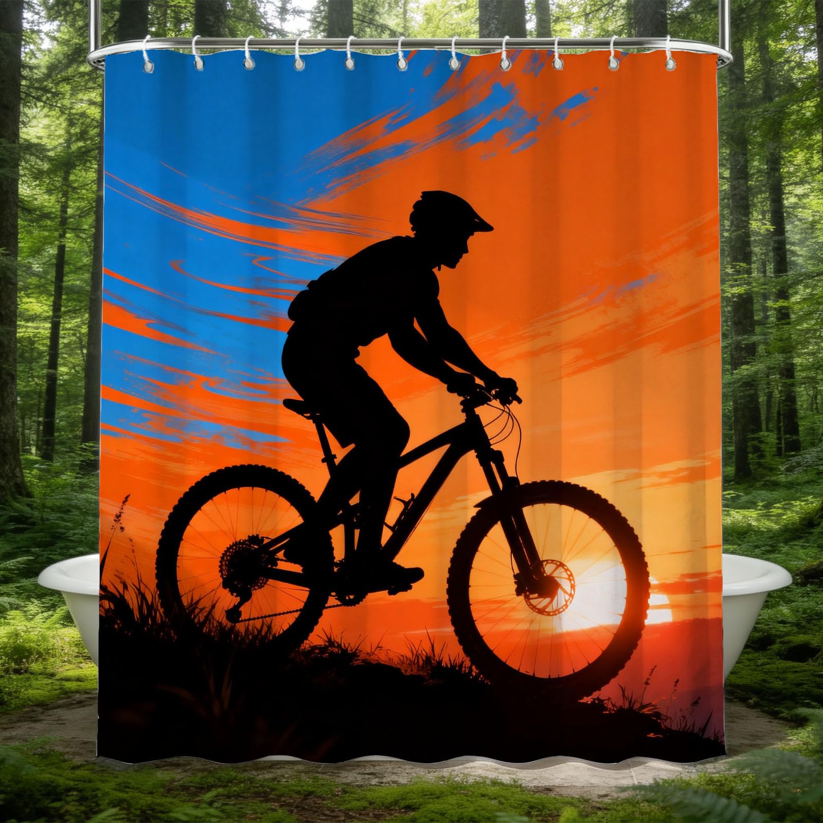 Hongduo 3D Cycling Silhouette Shower Curtain for Stalls Bathtubs Sports Bathroom Decor Shower Curtain Set Polyester Fabric Waterproof 200x200cm/79X79 Inch with Hooks