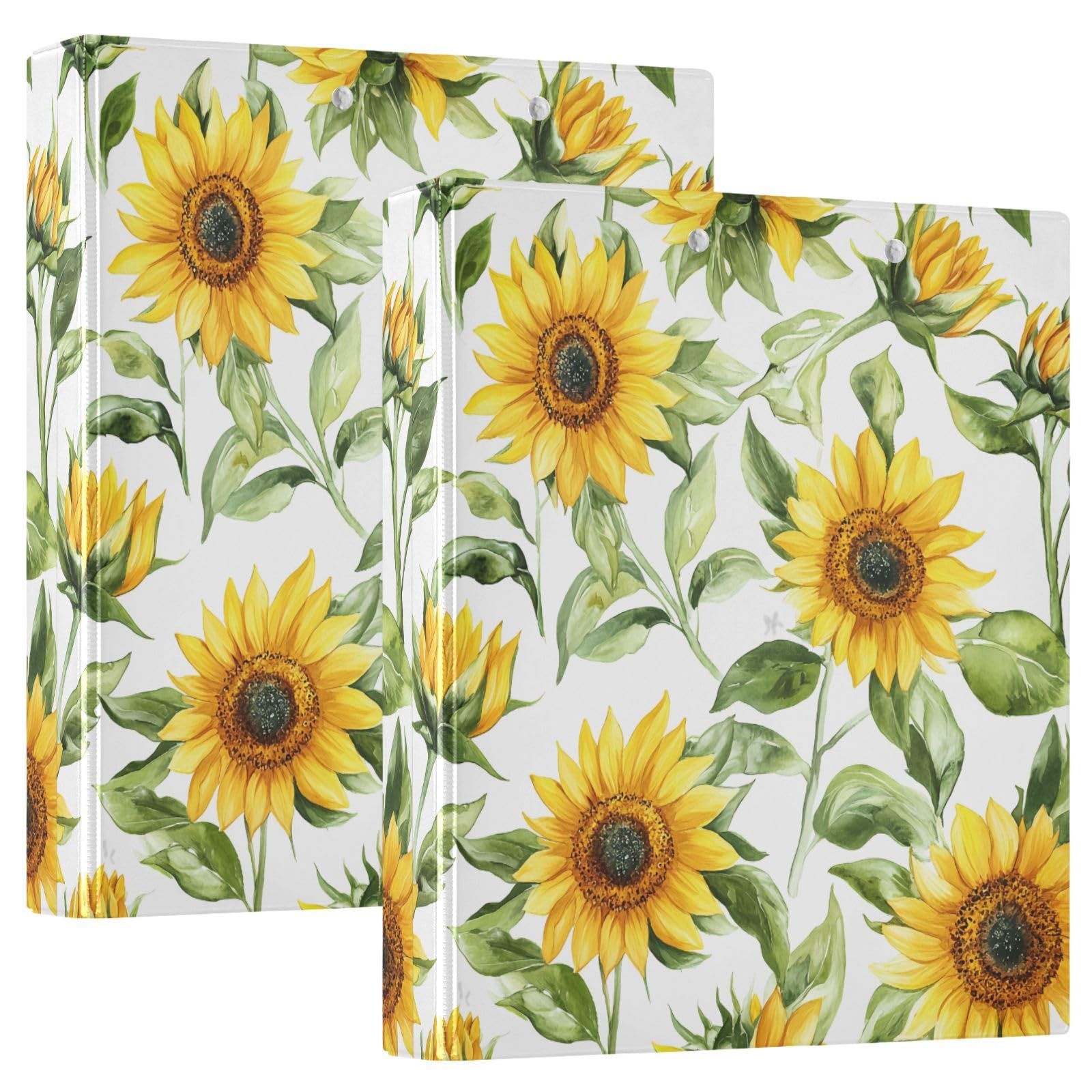 Raccoglitore ad anelli con 3 anelli, 3,8 cm, motivo girasoli, decorativo, con clip in metallo, formato A4, organizer per casa e ufficio, confezione da 2